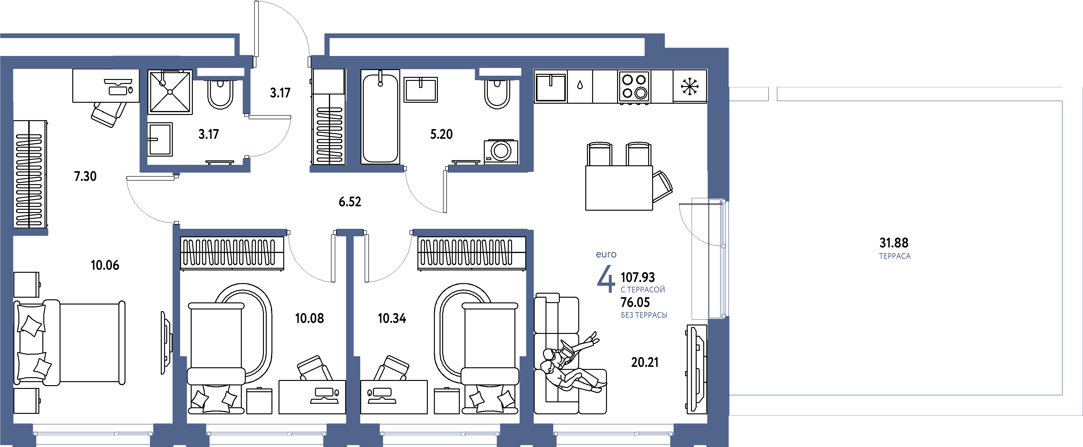 ЖК "Страна.Прибрежная"-4-комнатная 107.93 м²
