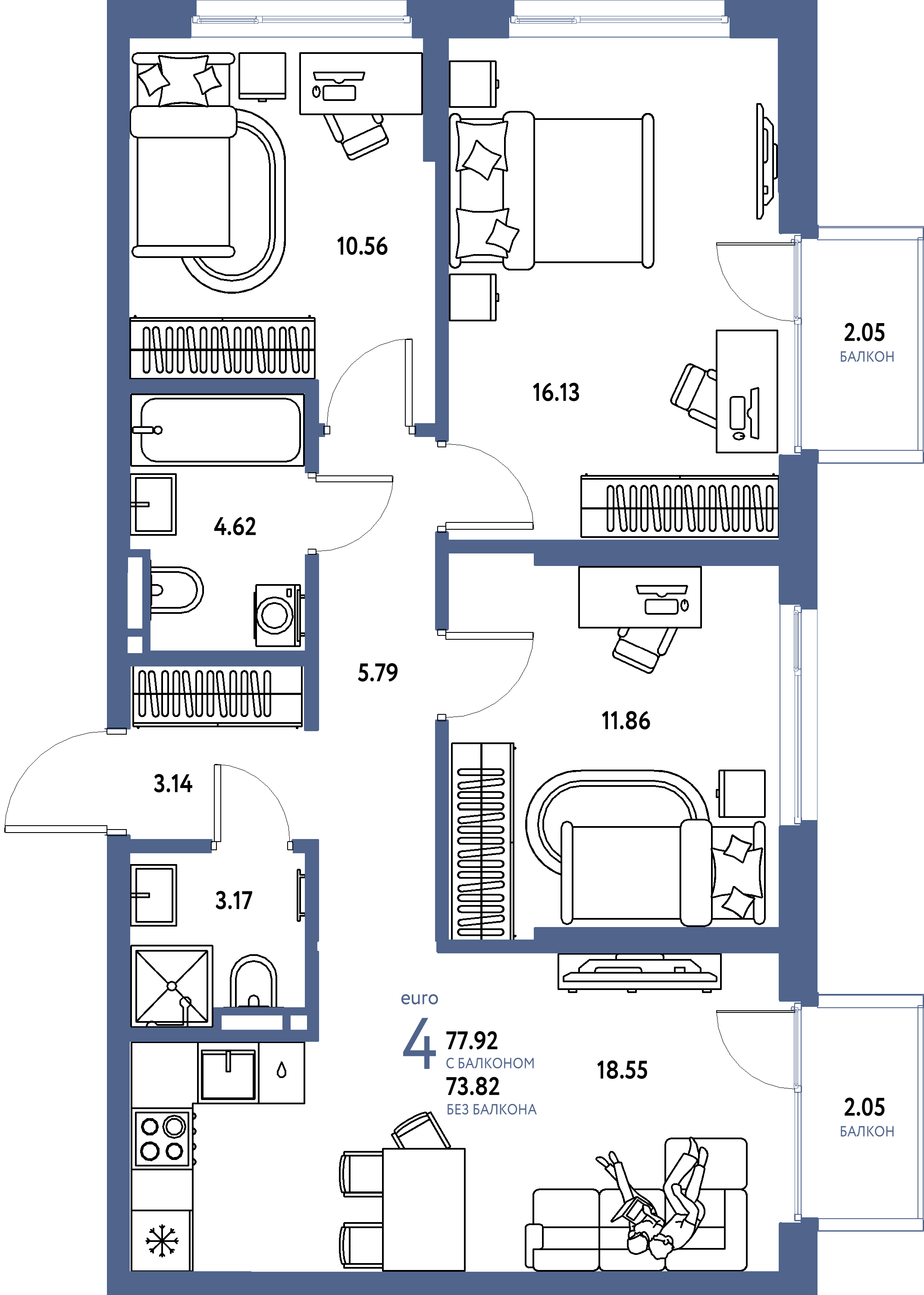 ЖК "Страна.Прибрежная"-4-комнатная 77.92 м²
