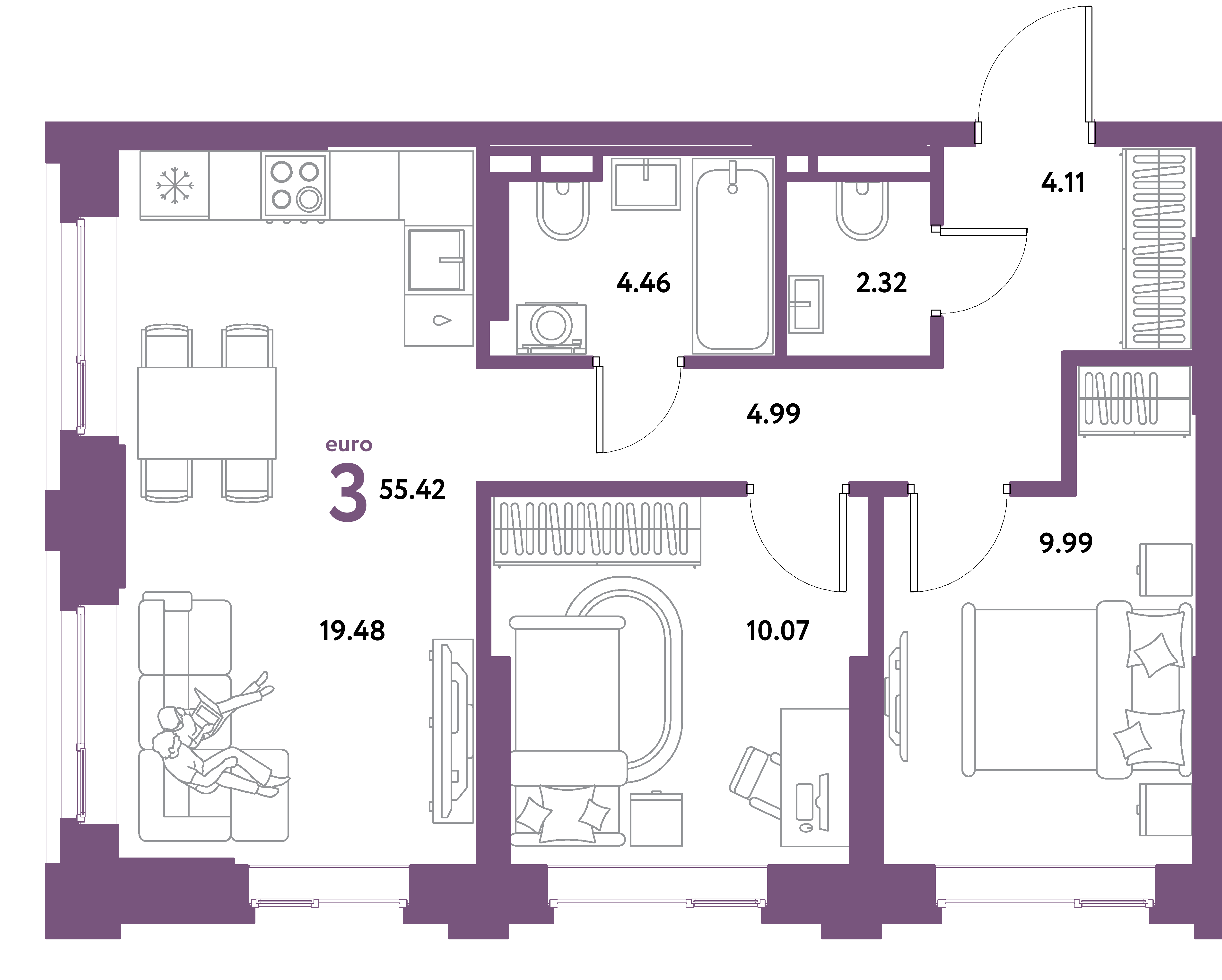 ЖК "Остров-сад"-3-комнатная 55.42 м²