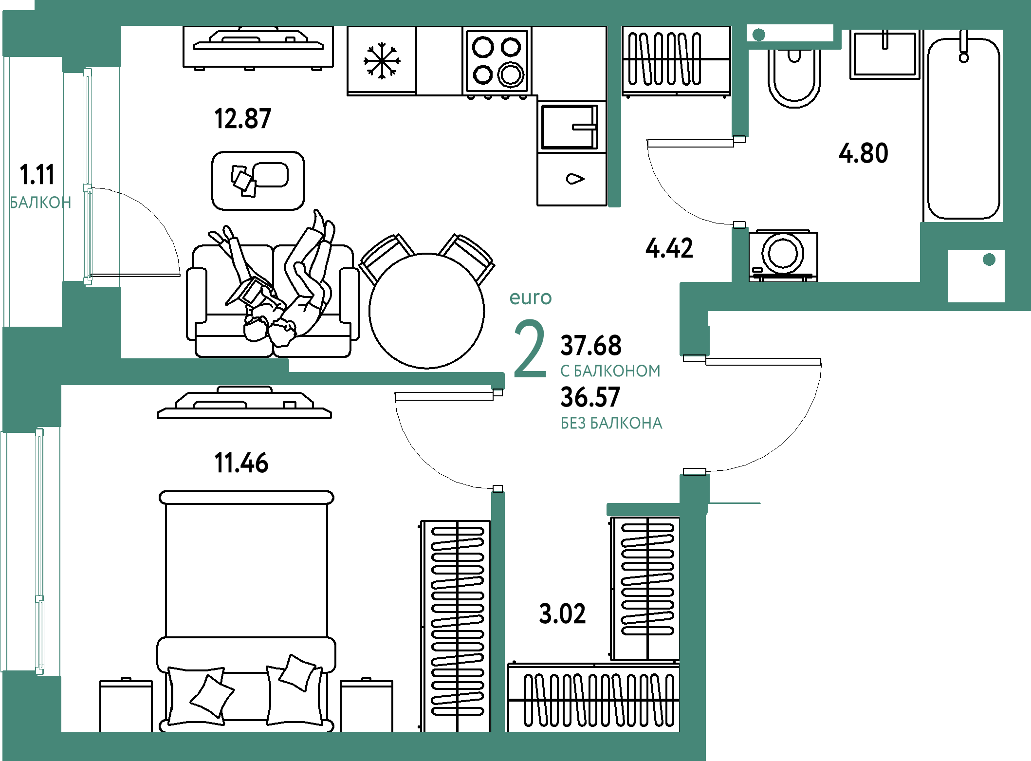 ЖК "Страна.Парковая"-2-комнатная 37.68 м²