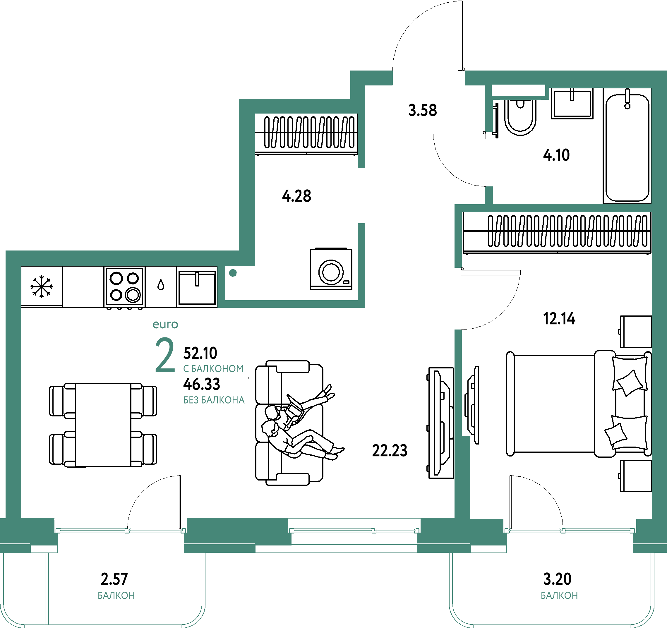 ЖК "Домашний"-2-комнатная 52.1 м²