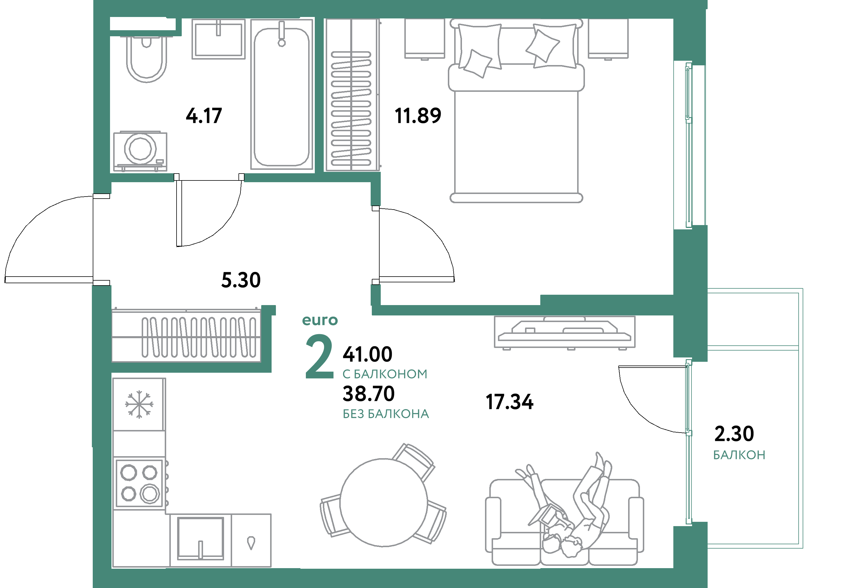 ЖК "Остров-сад"-2-комнатная 41 м²