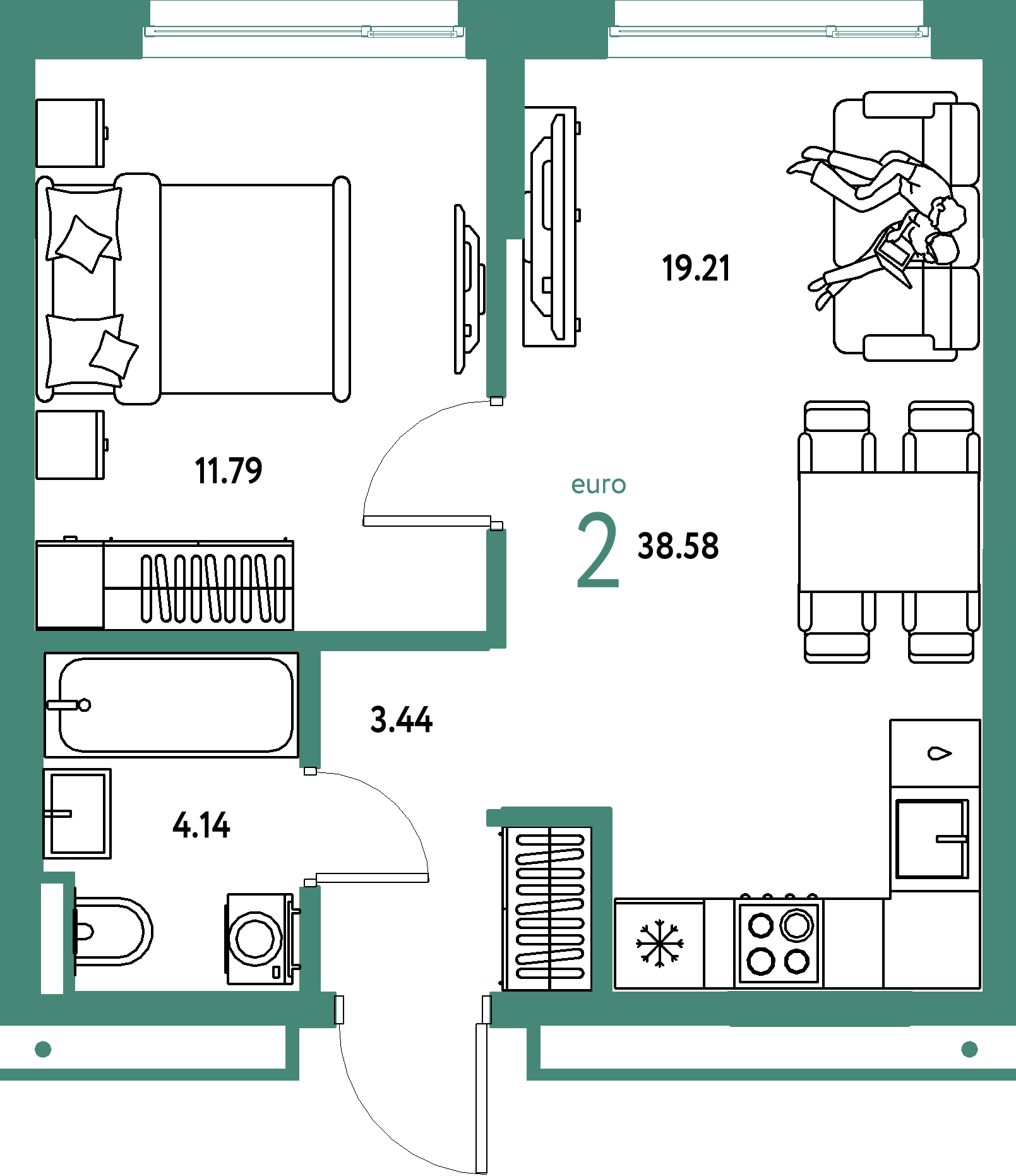 ЖК "Страна.Прибрежная"-2-комнатная 38.58 м²