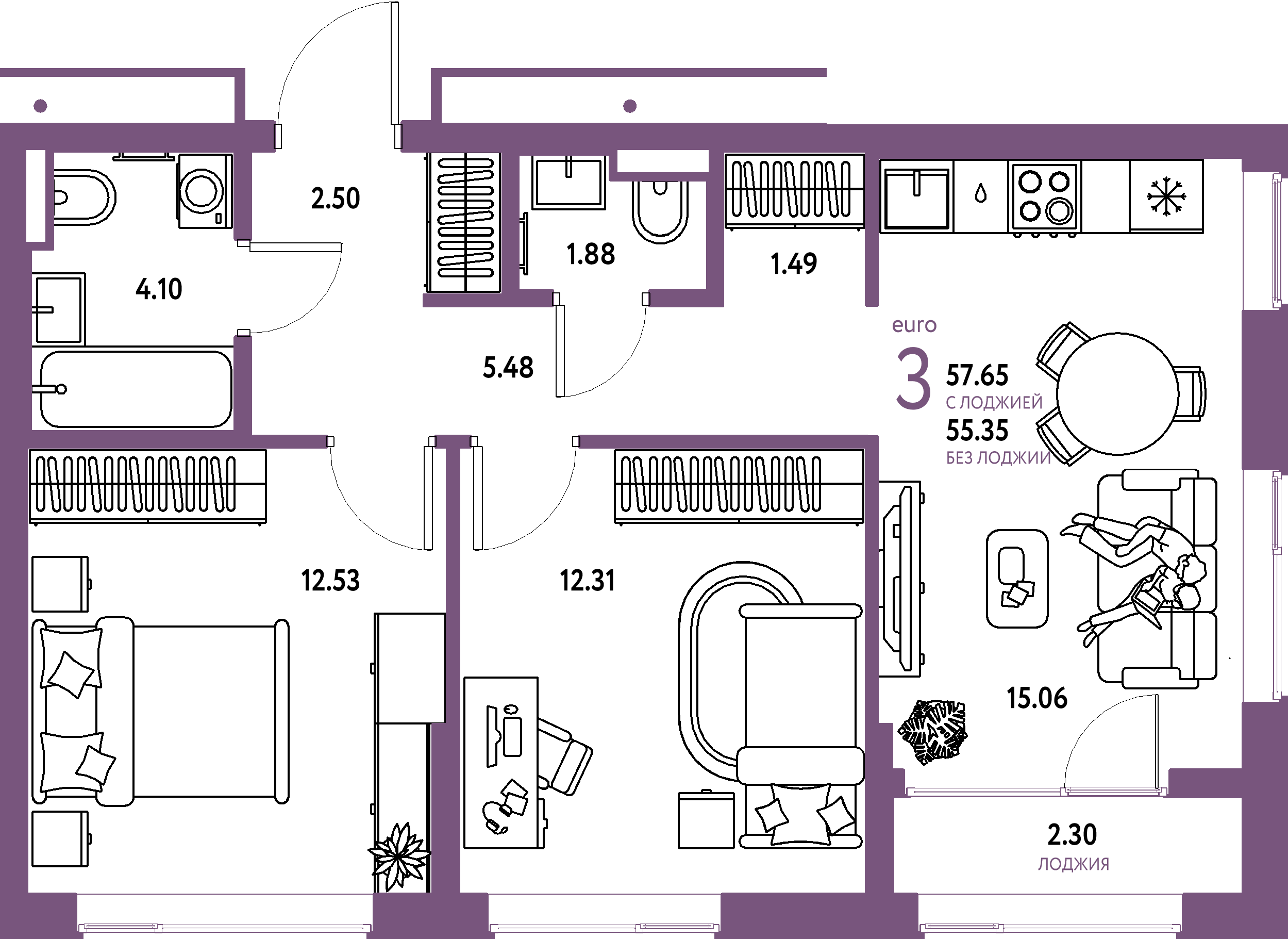 ЖК "Страна.Парковая"-3-комнатная 57.65 м²
