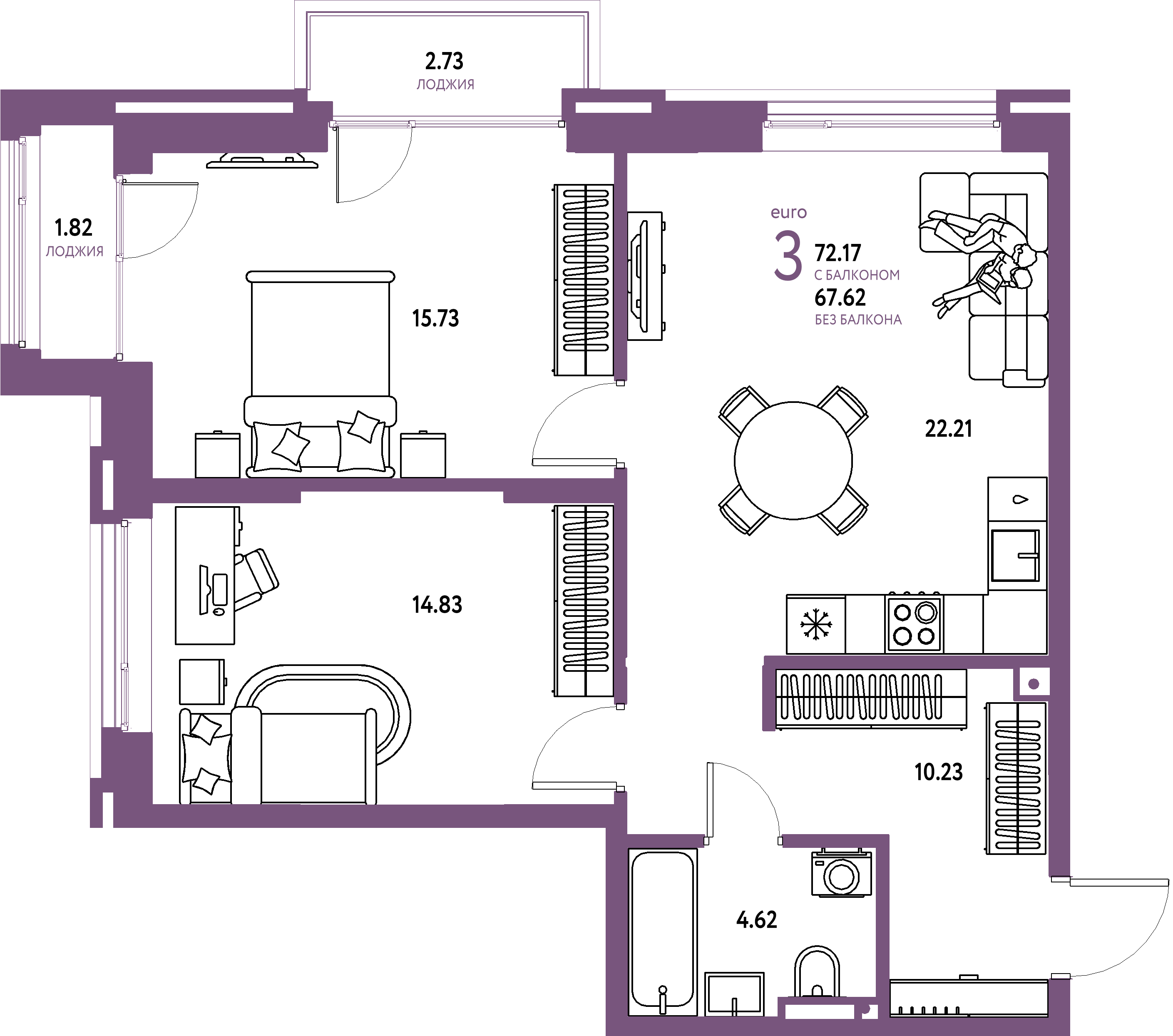 ЖК "Страна.Прибрежная"-3-комнатная 72.17 м²