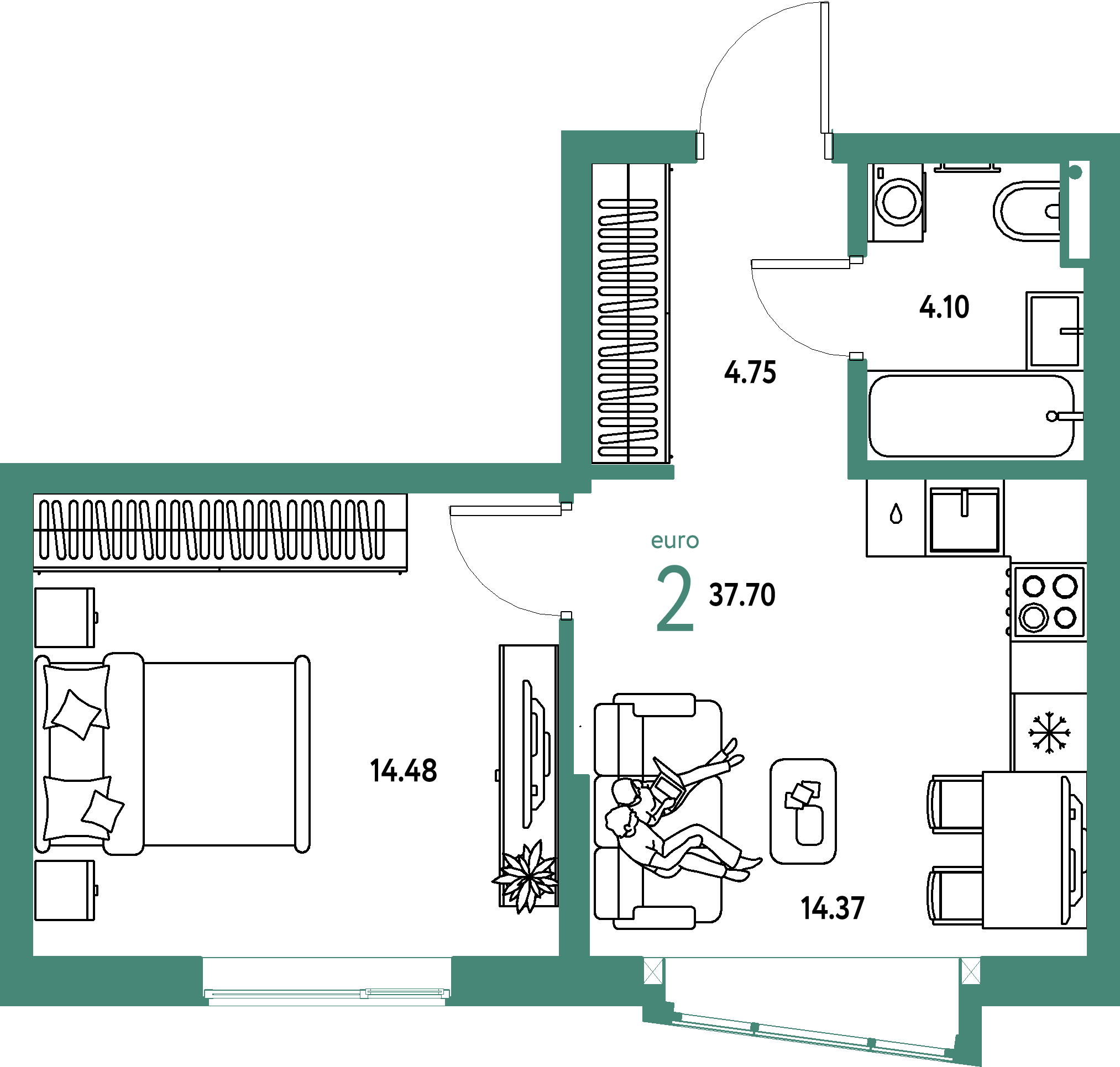 ЖК "Страна.Парковая"-2-комнатная 37.7 м²