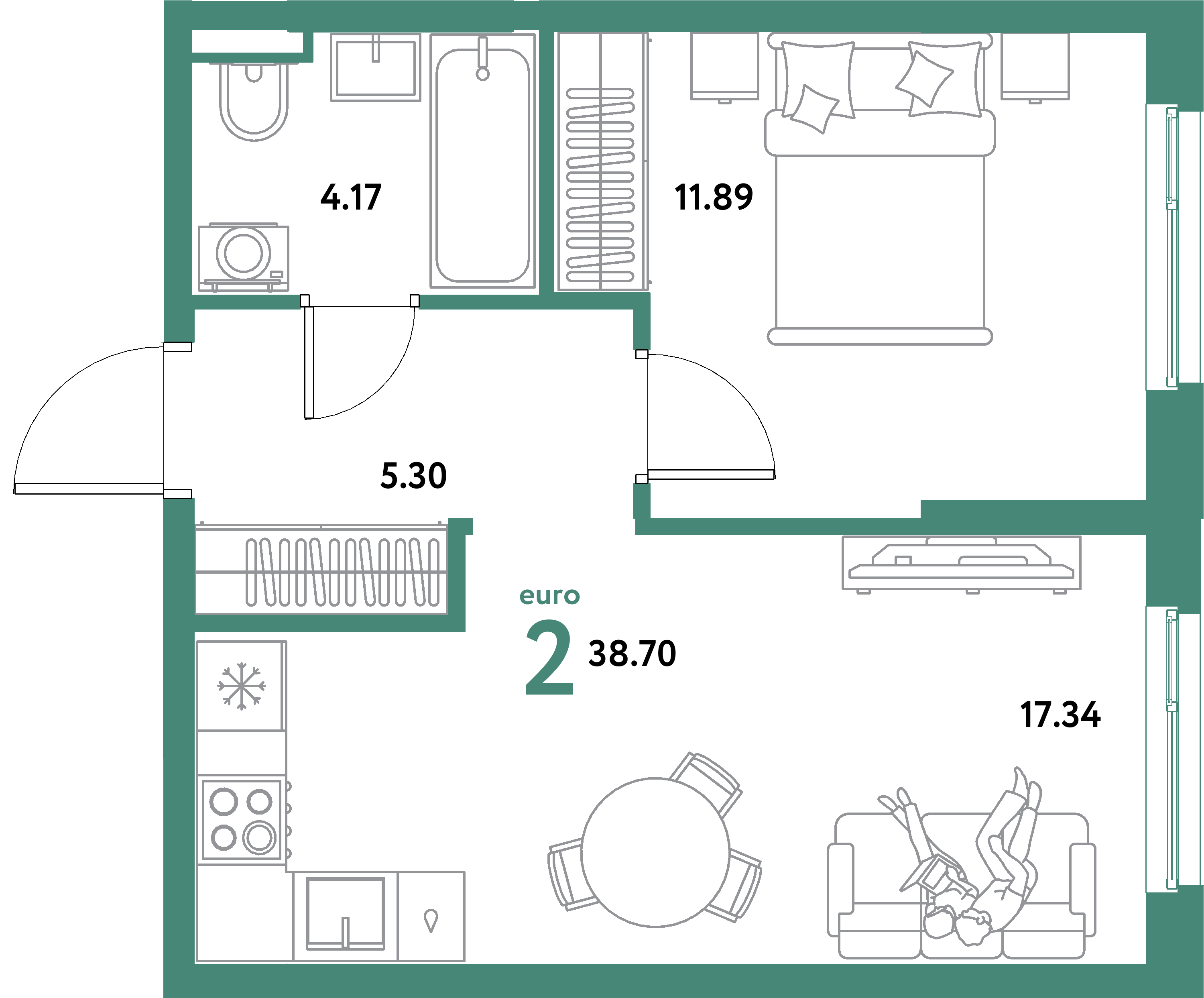 ЖК "Остров-сад"-2-комнатная 38.7 м²