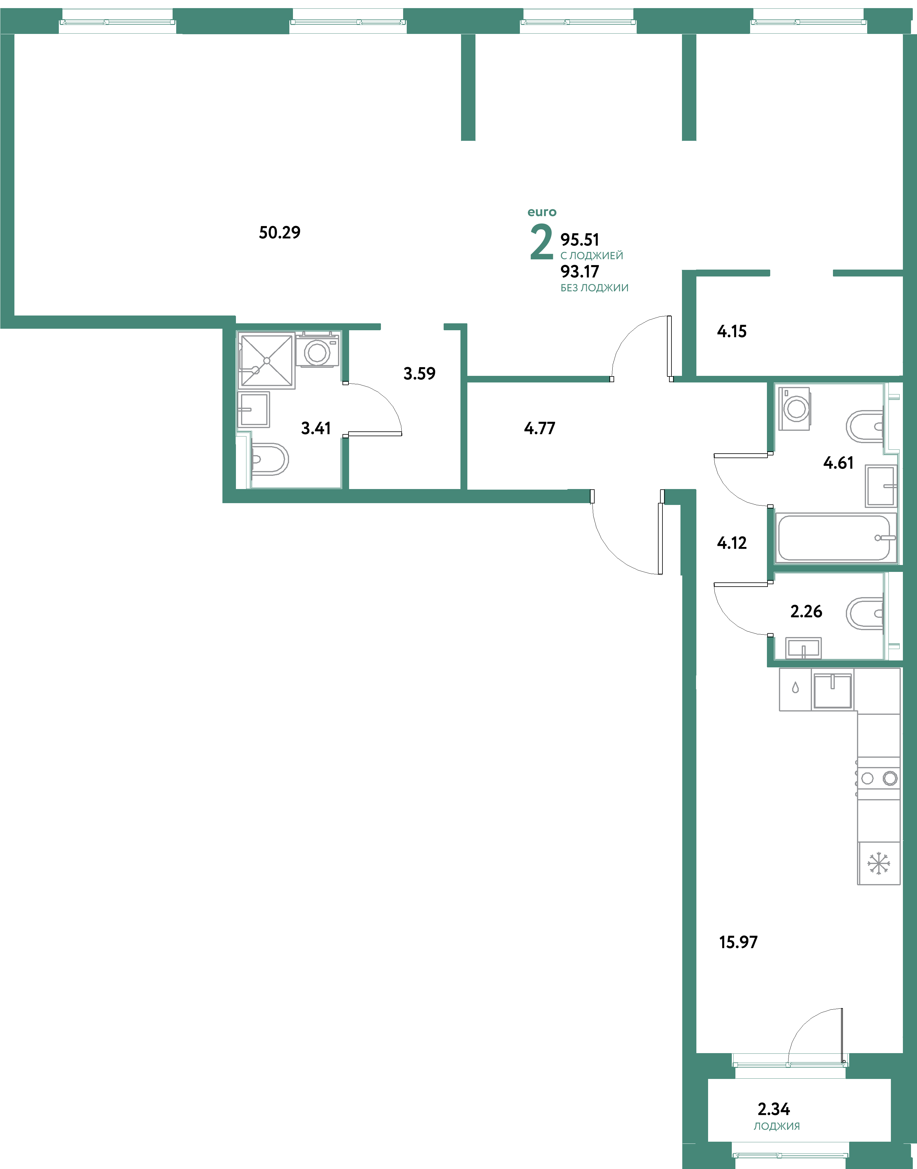 ЖК "Остров-сад"-2-комнатная 95.51 м²