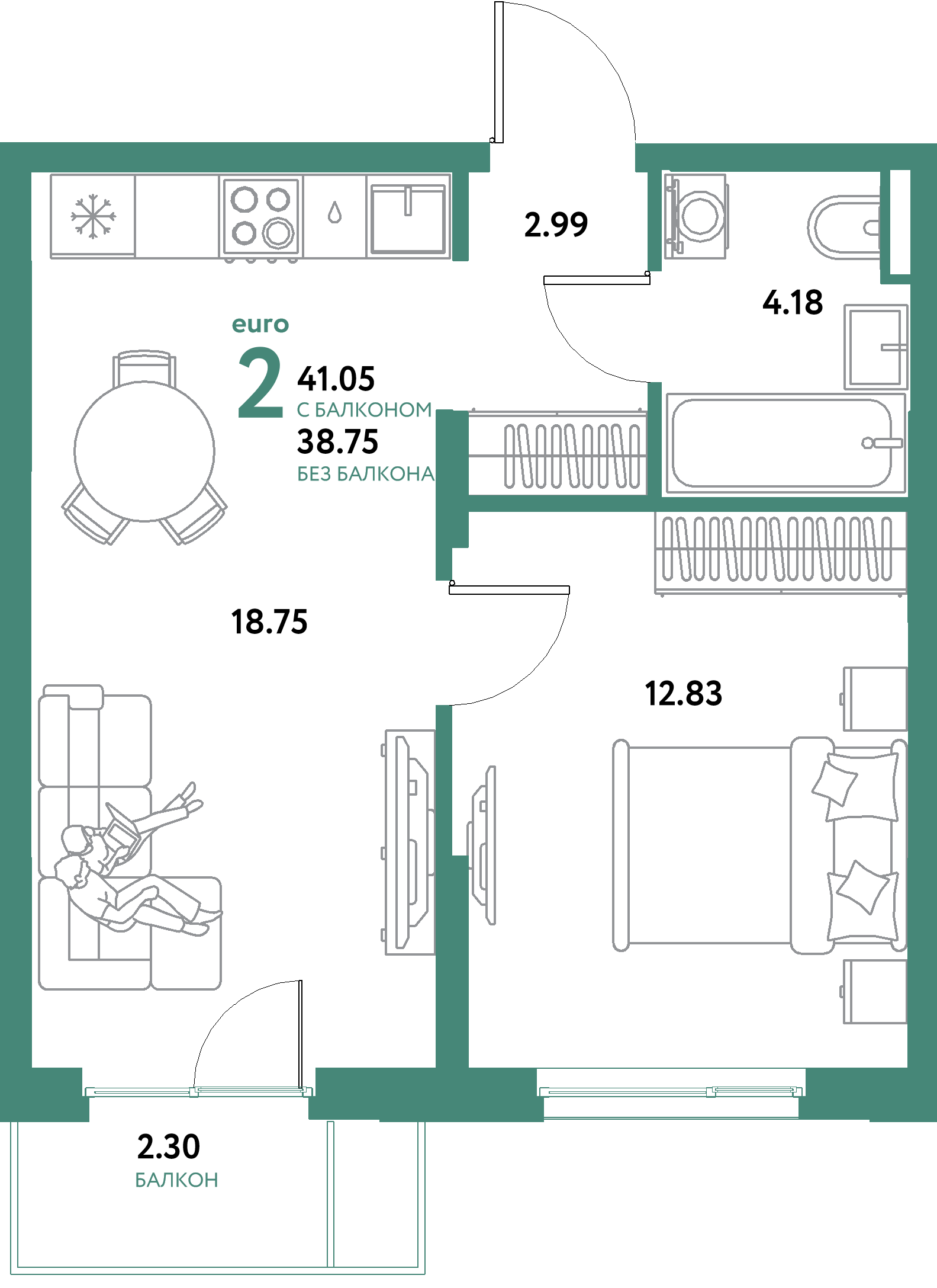 ЖК "Остров-сад"-2-комнатная 41.05 м²