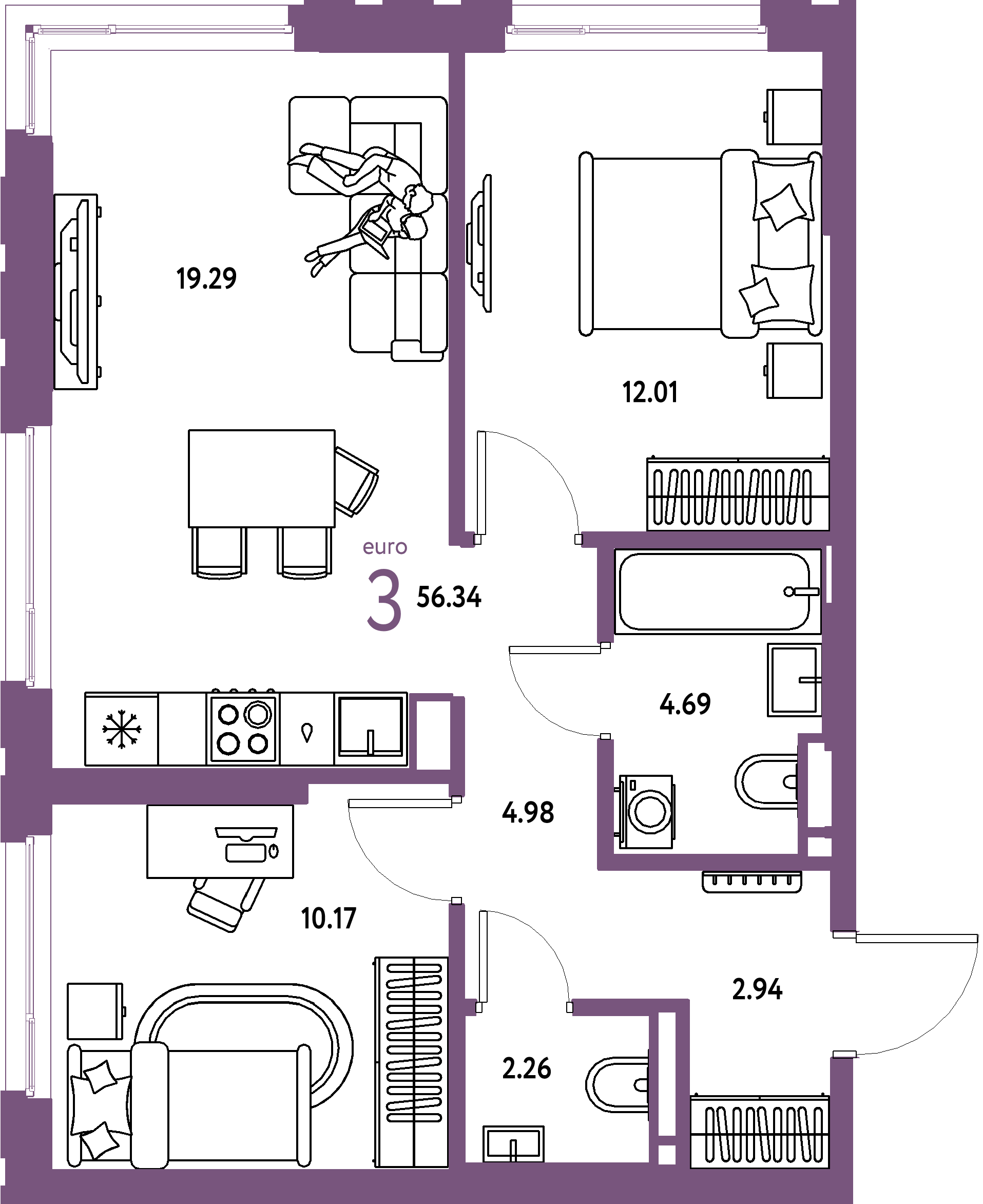 ЖК "Страна.Прибрежная"-3-комнатная 56.34 м²