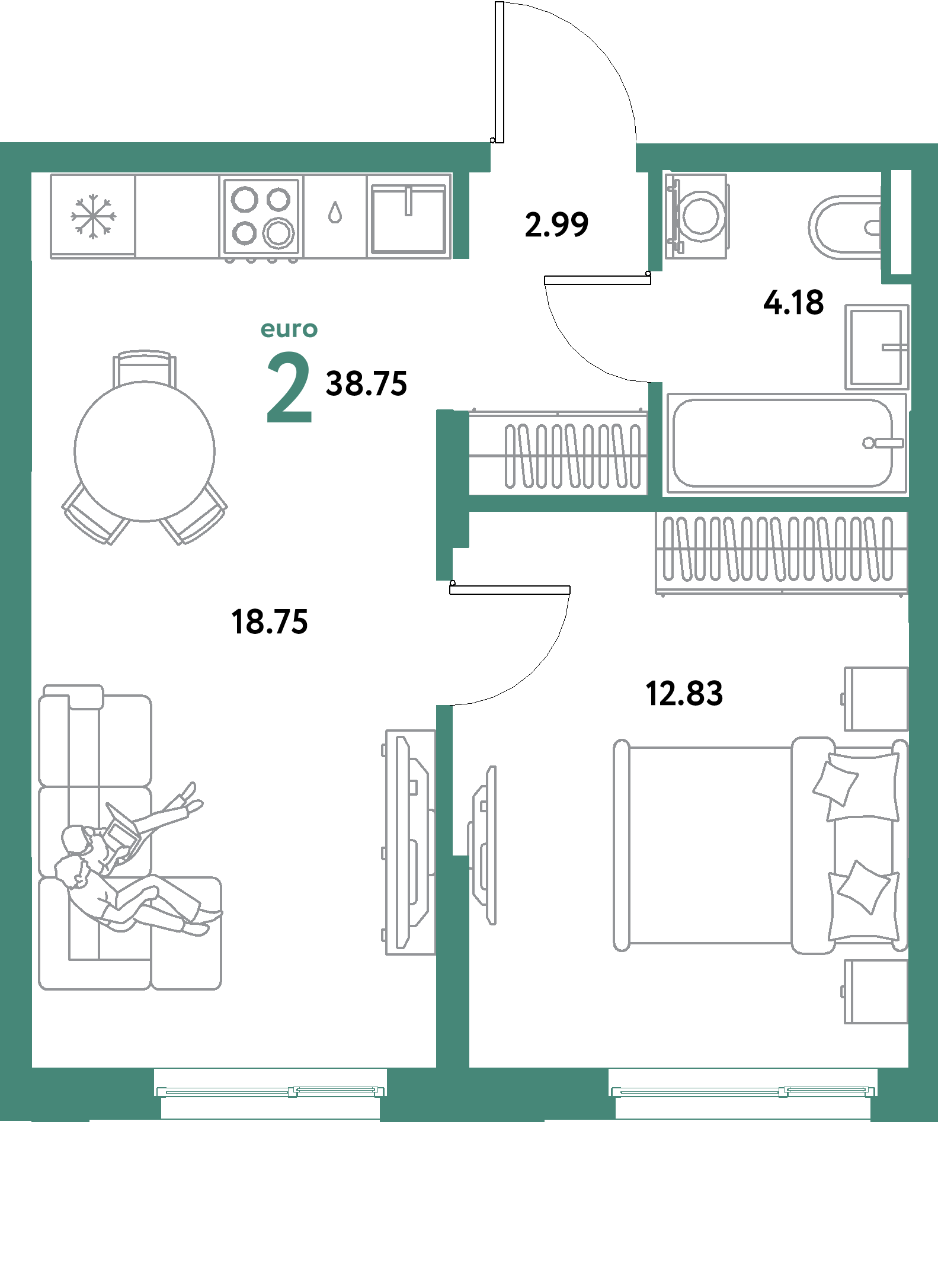 ЖК "Остров-сад"-2-комнатная 38.75 м²