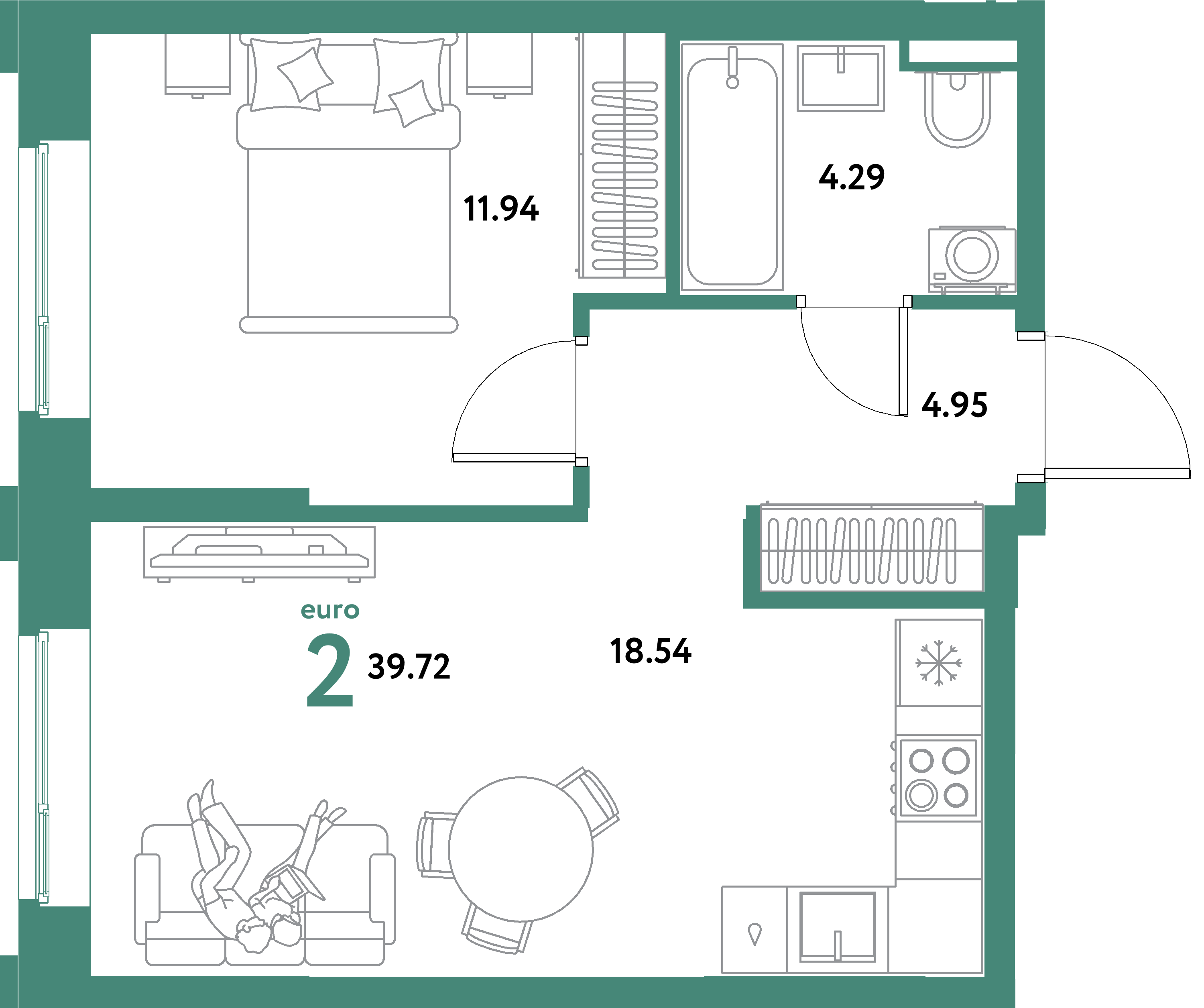 ЖК "Остров-сад"-2-комнатная 39.72 м²