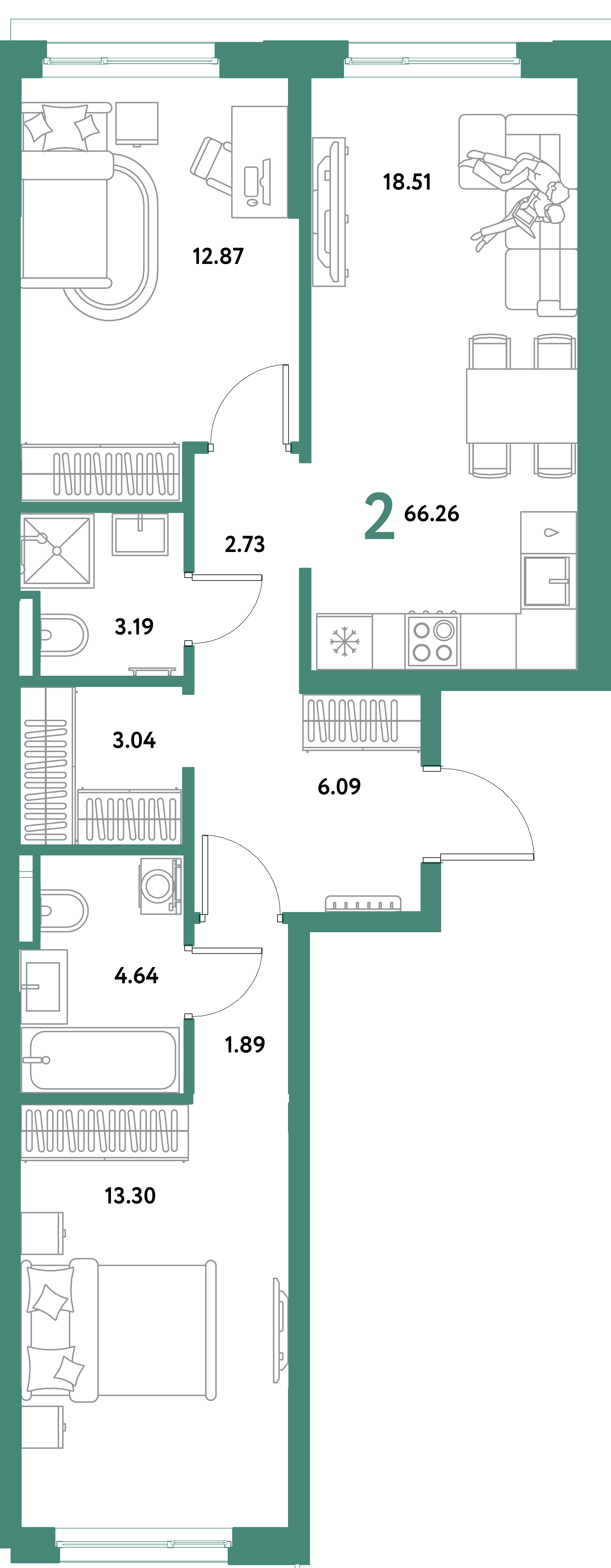 ЖК "Остров-сад"-2-комнатная 66.26 м²