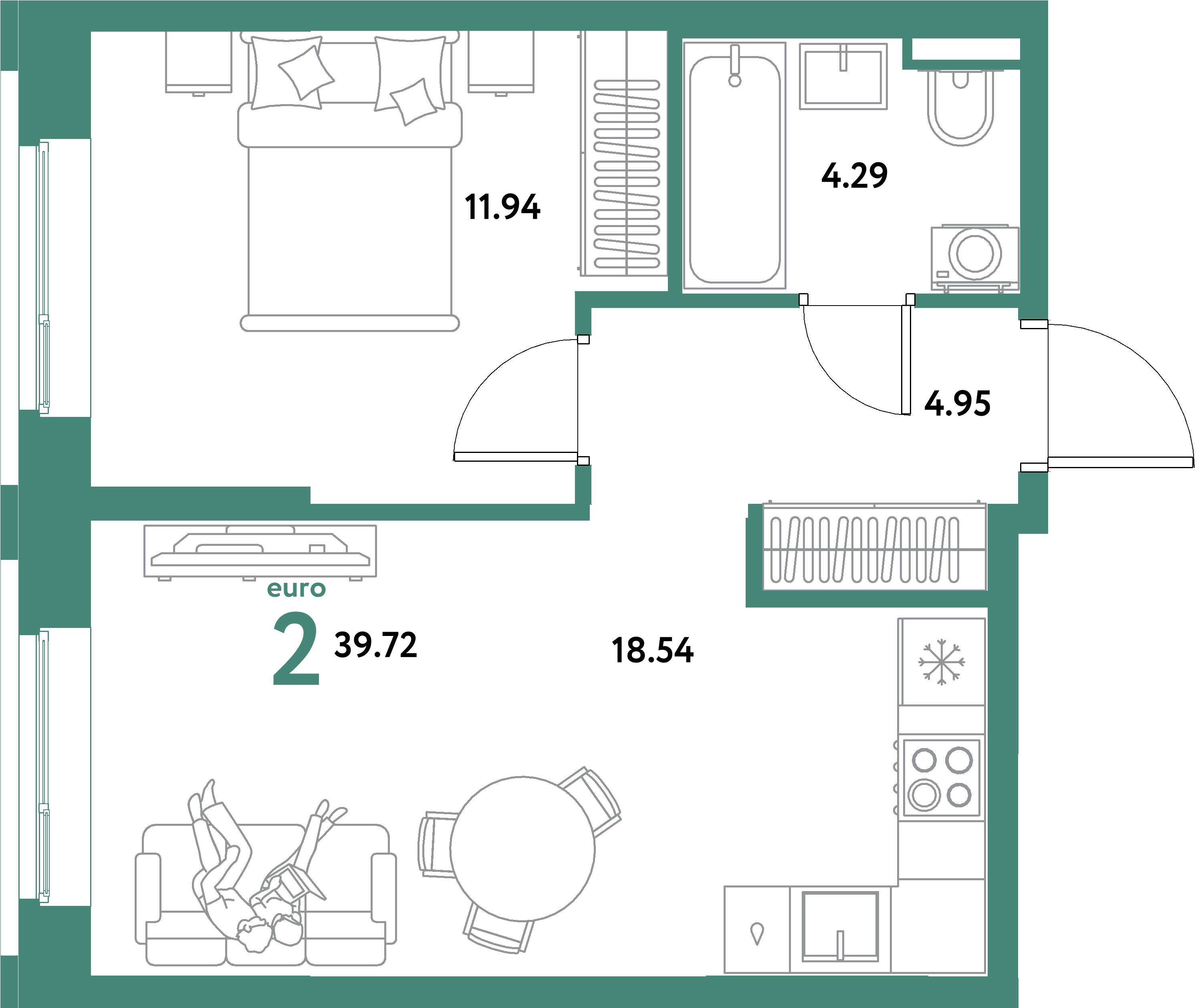 ЖК "Остров-сад"-2-комнатная 39.72 м²