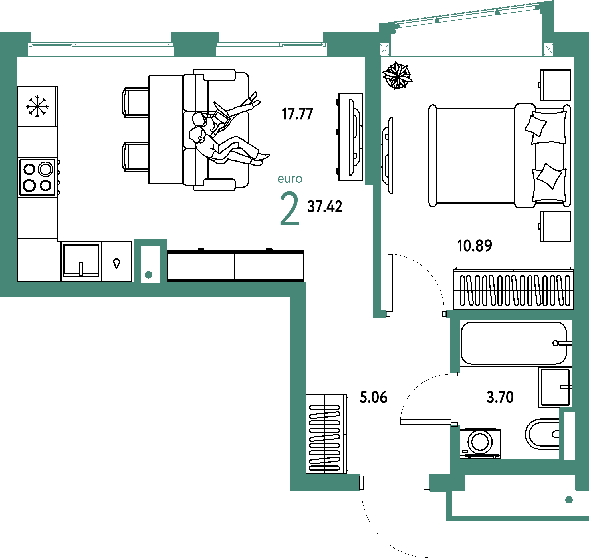 ЖК "Страна.Парковая"-2-комнатная 37.42 м²