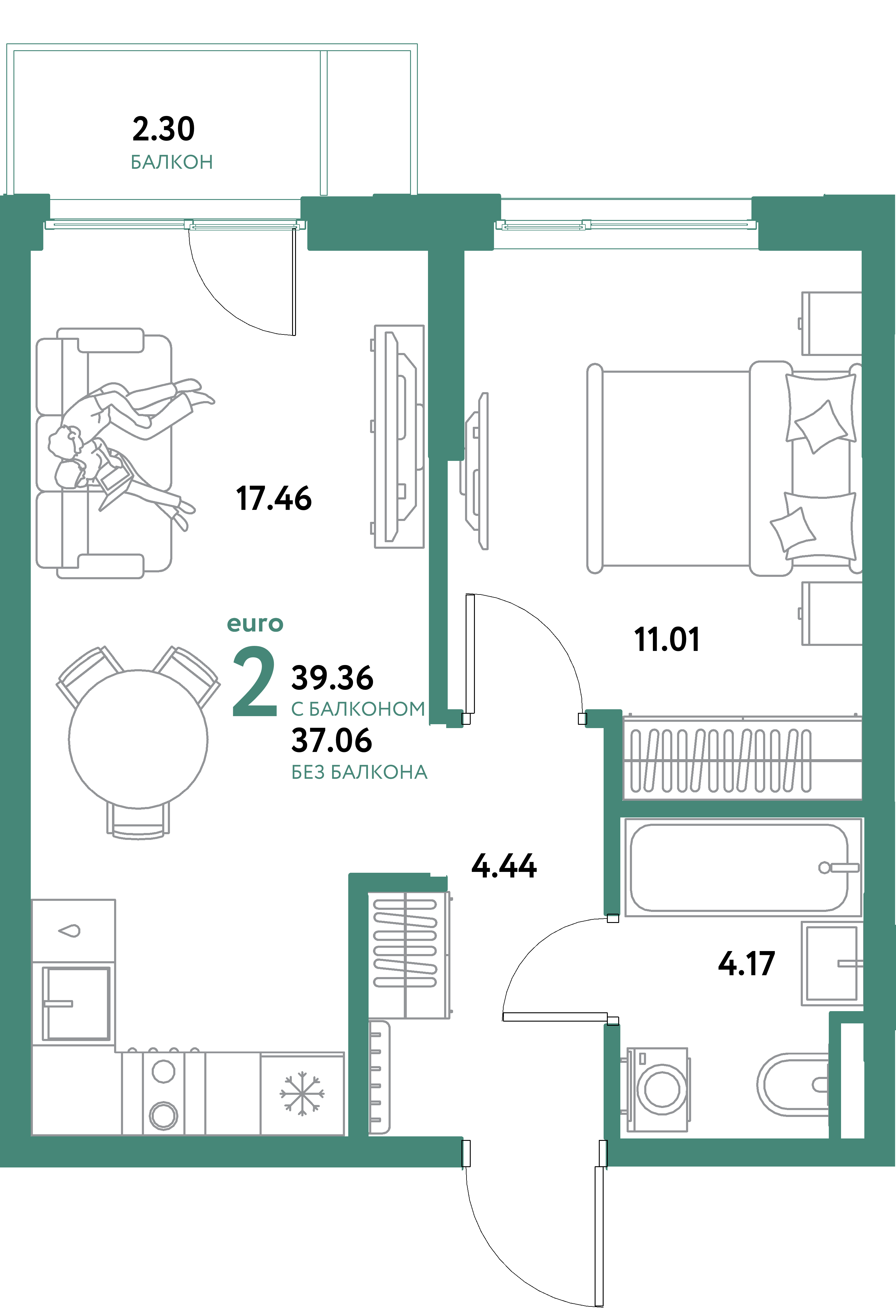 ЖК "Остров-сад"-2-комнатная 39.36 м²