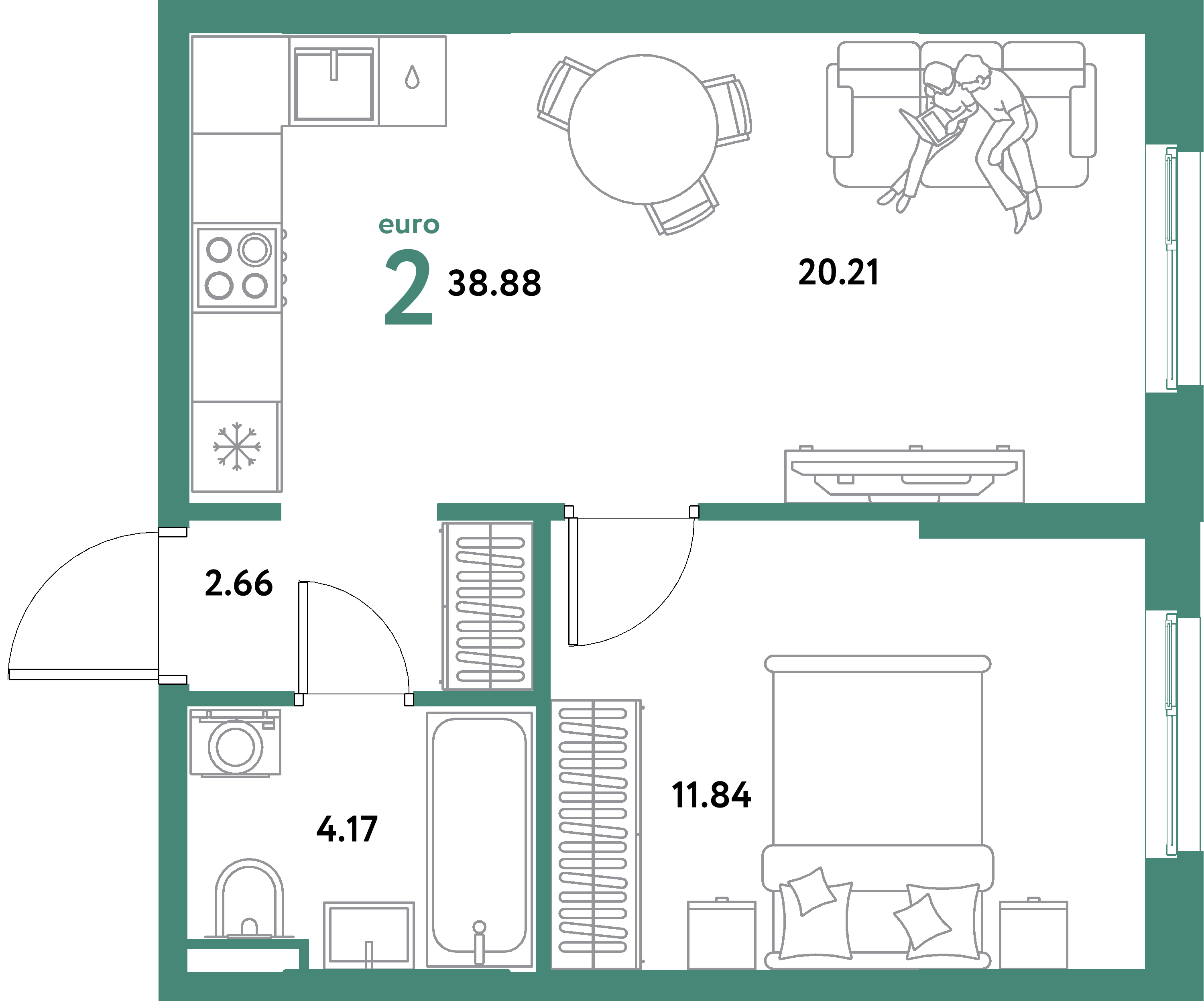 ЖК "Остров-сад"-2-комнатная 38.88 м²