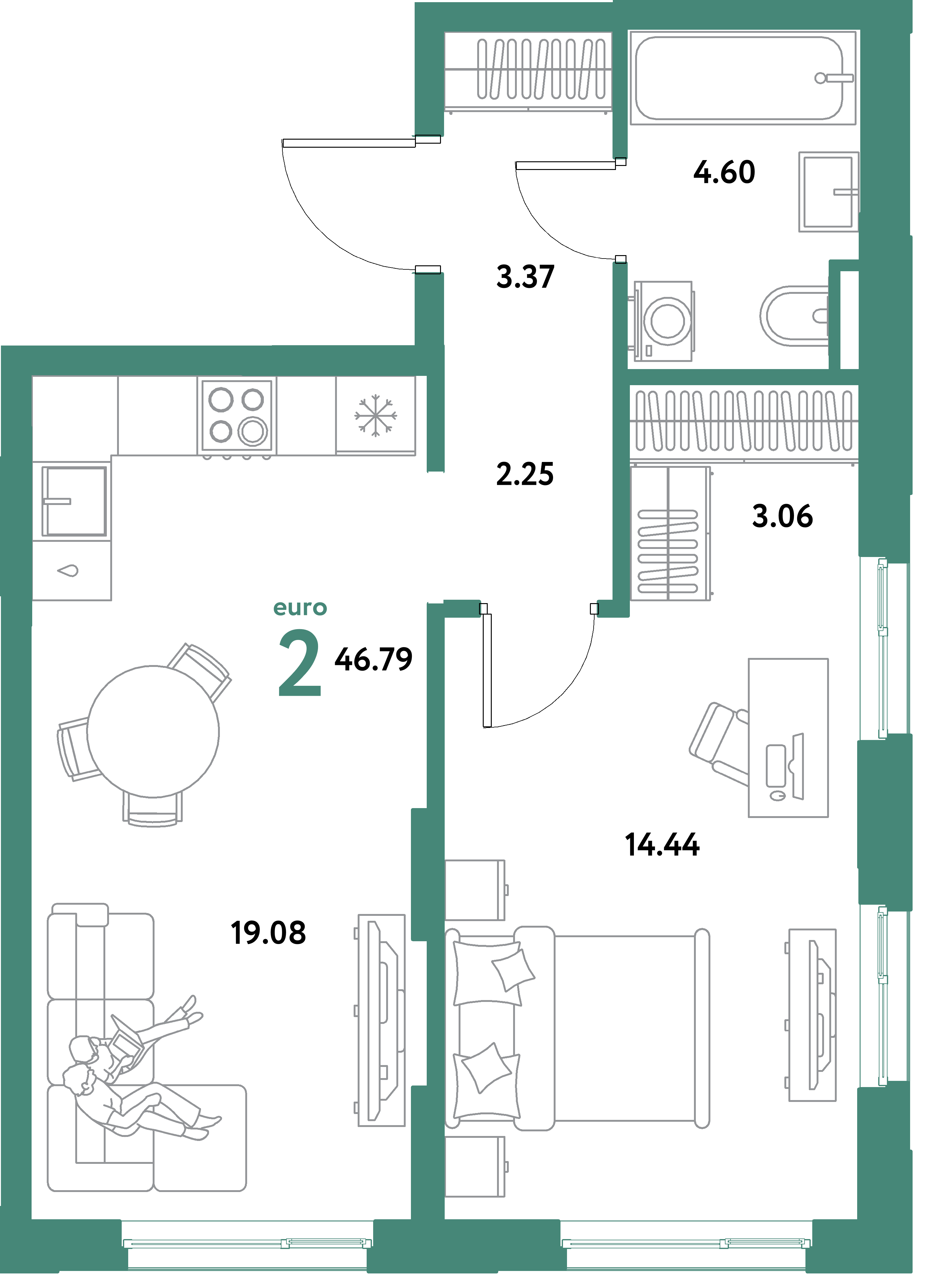 ЖК "Остров-сад"-2-комнатная 46.79 м²