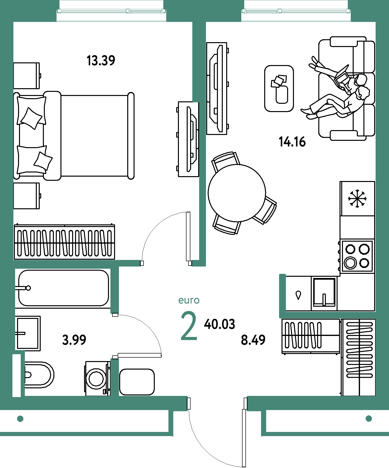 ЖК "Страна.Парковая"-2-комнатная 40.03 м²