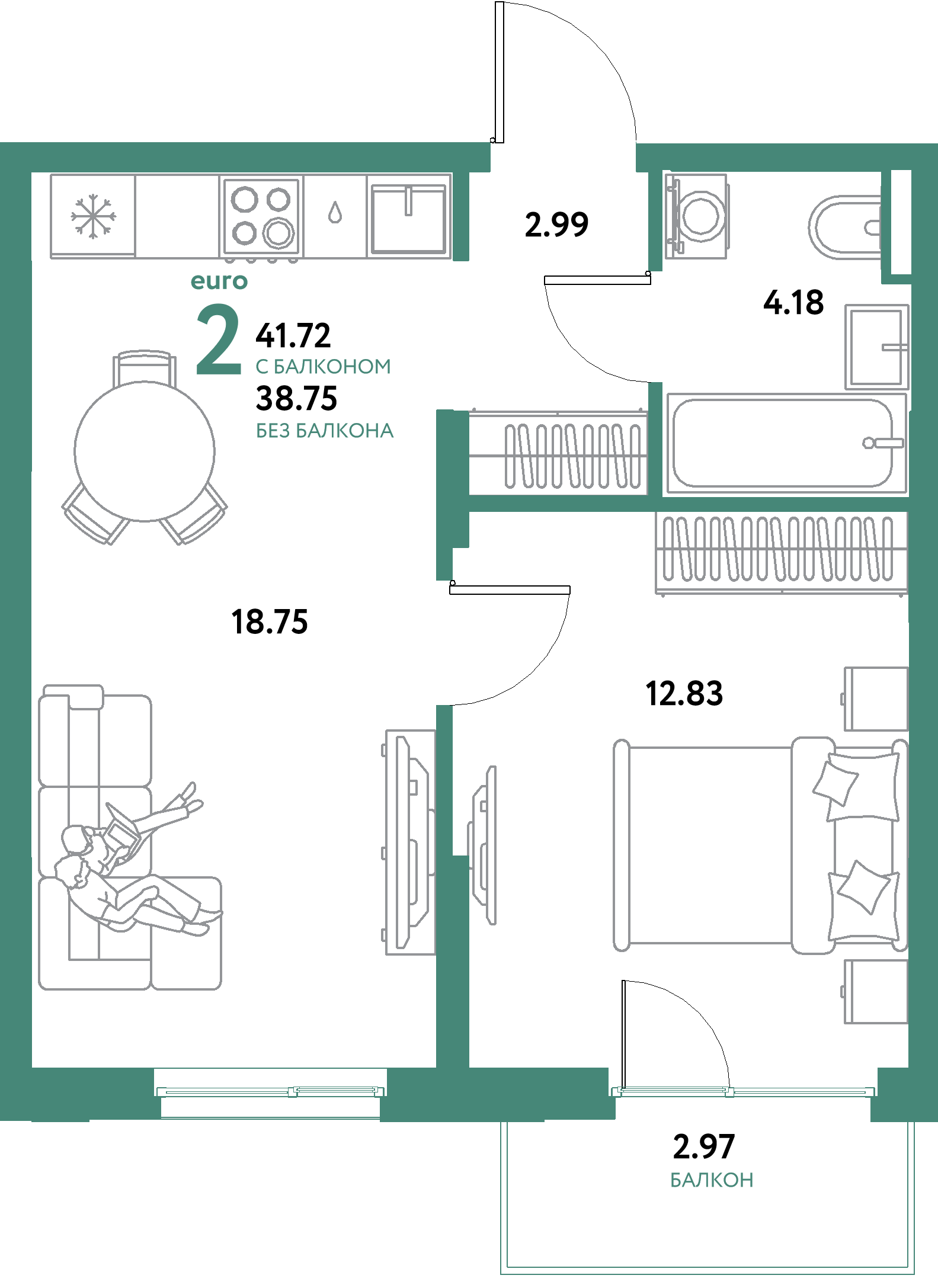 ЖК "Остров-сад"-2-комнатная 41.72 м²