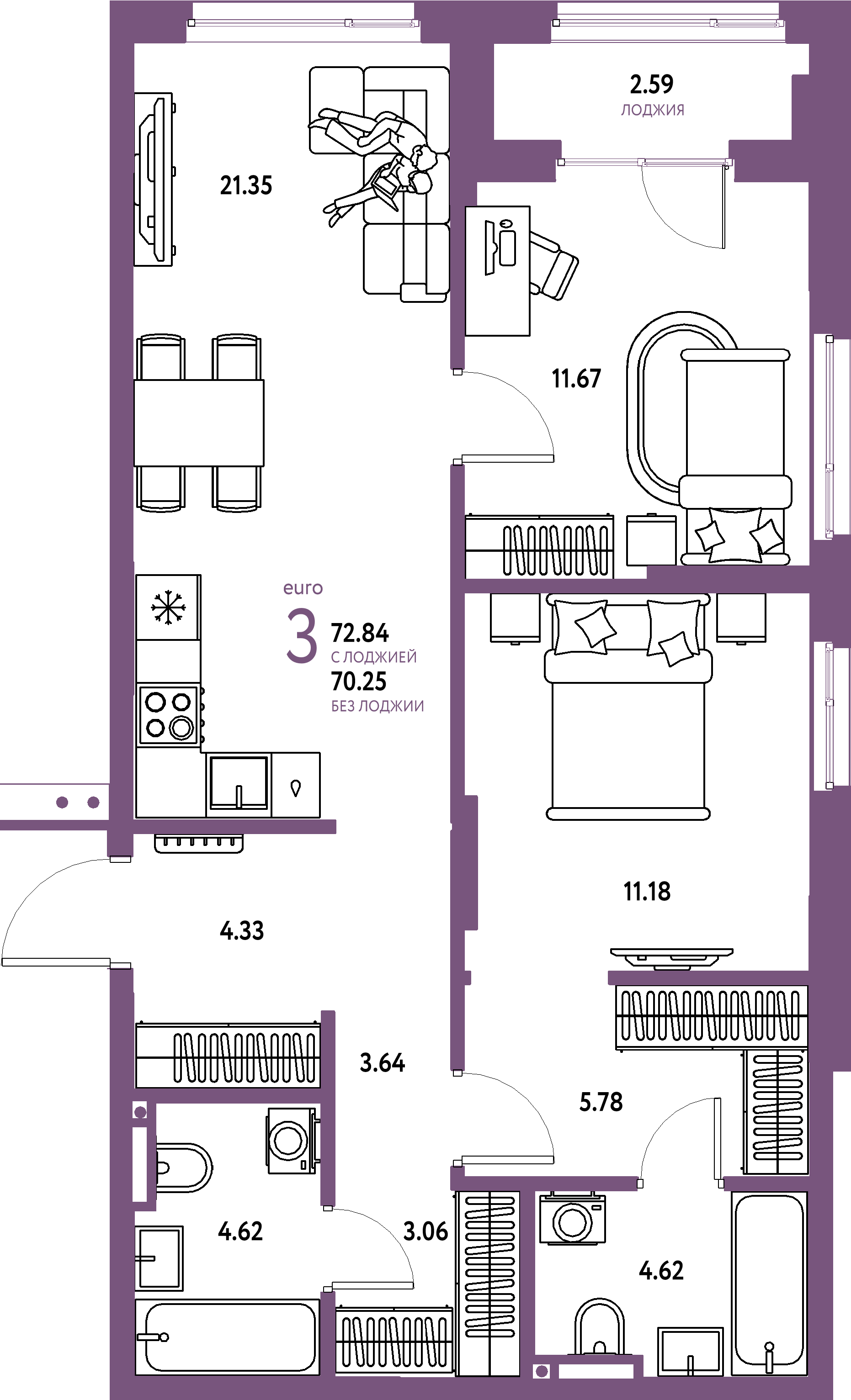 ЖК "Страна.Прибрежная"-3-комнатная 72.84 м²