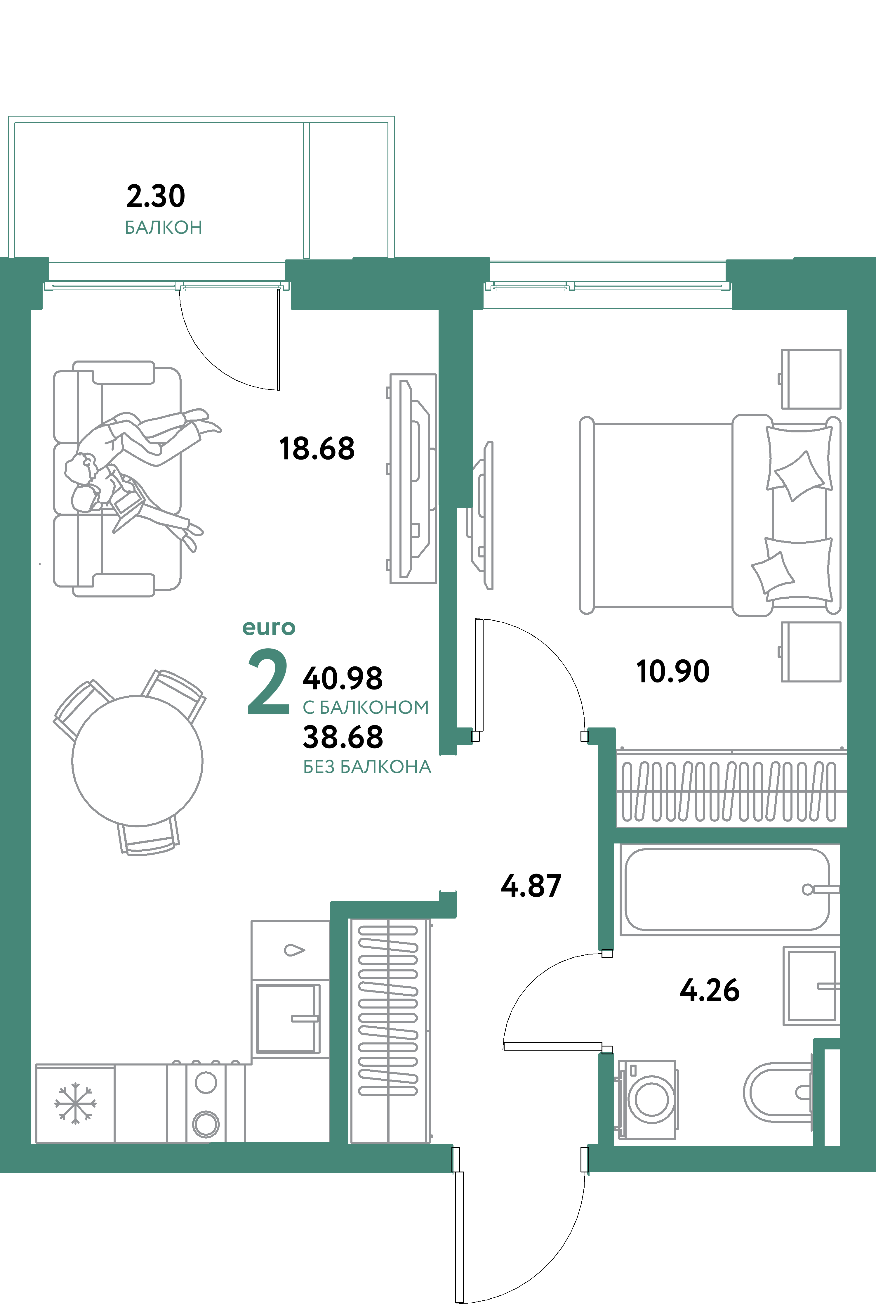 ЖК "Остров-сад"-2-комнатная 40.98 м²