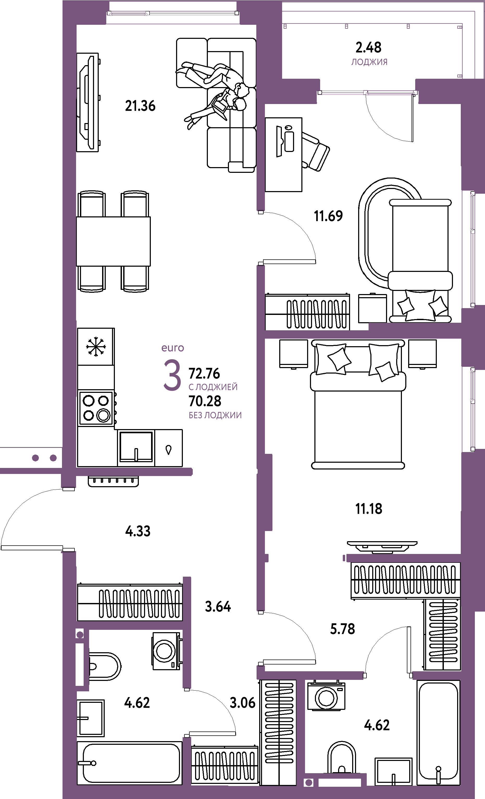ЖК "Страна.Прибрежная"-3-комнатная 72.76 м²