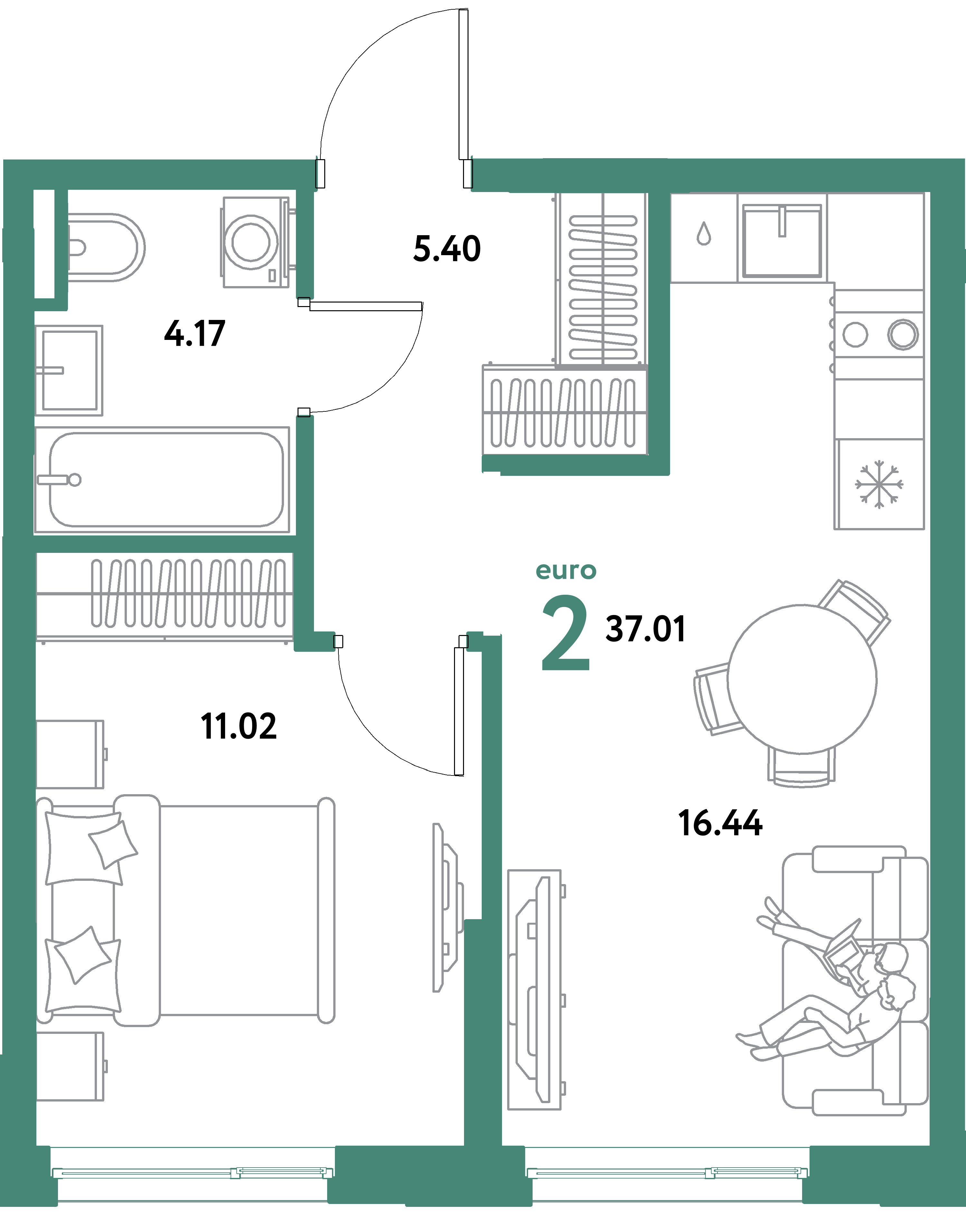 ЖК "Остров-сад"-2-комнатная 37.01 м²