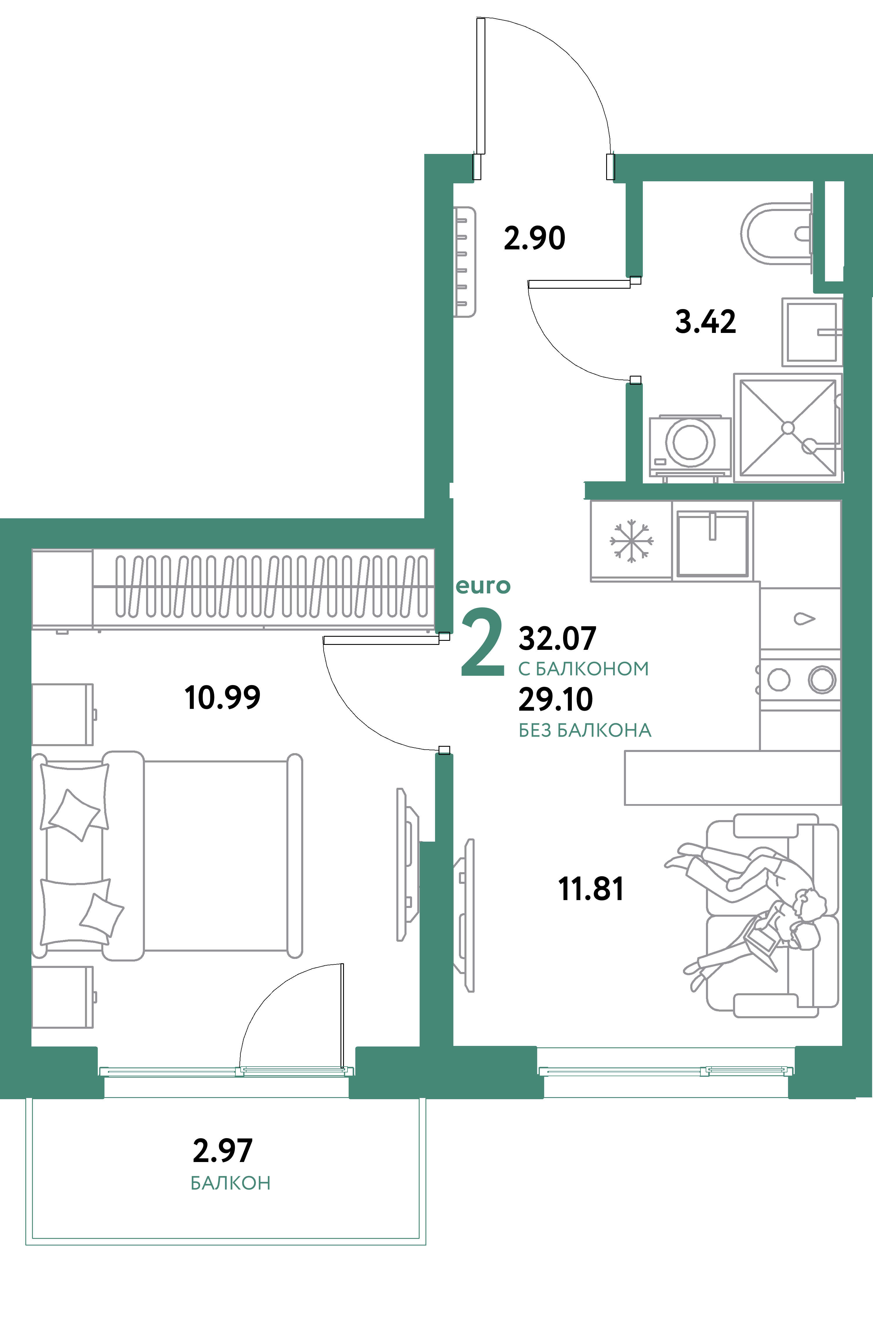 ЖК "Остров-сад"-2-комнатная 32.07 м²