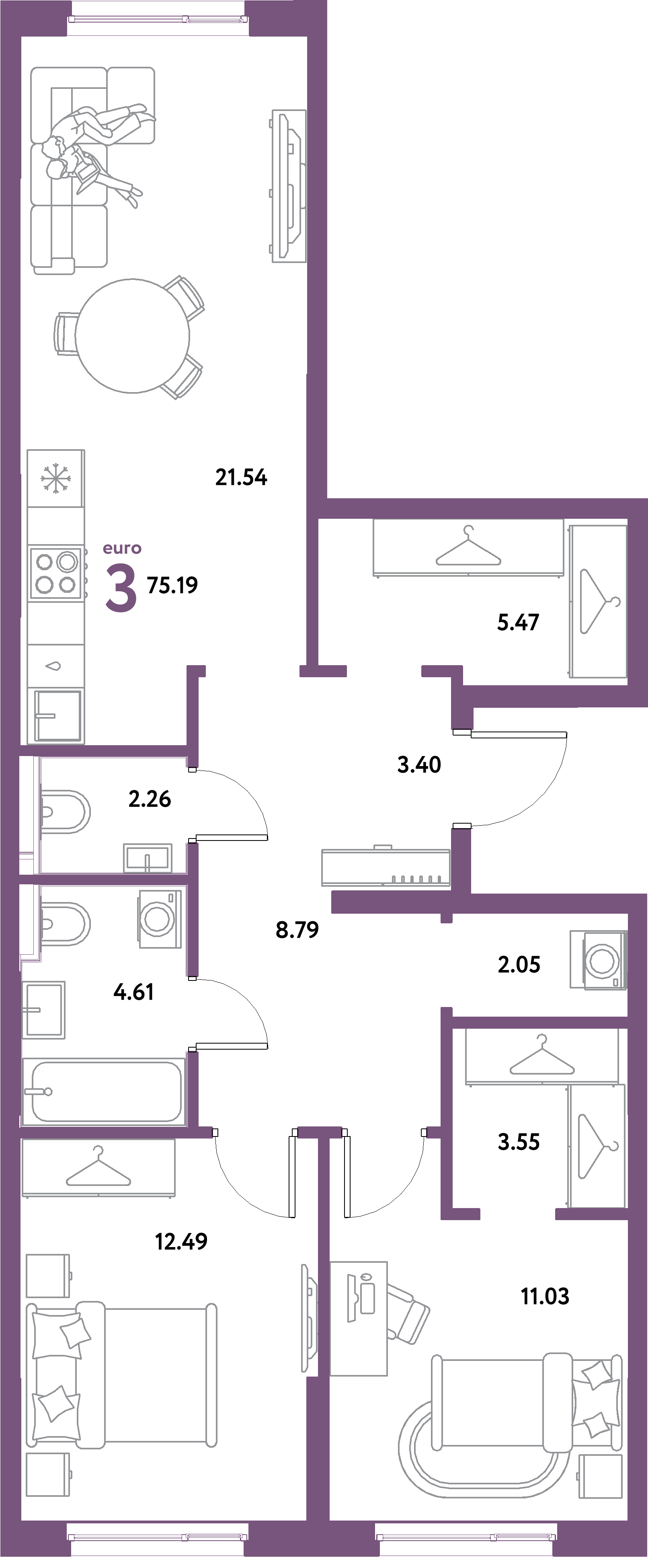ЖК "Остров-сад"-3-комнатная 75.19 м²