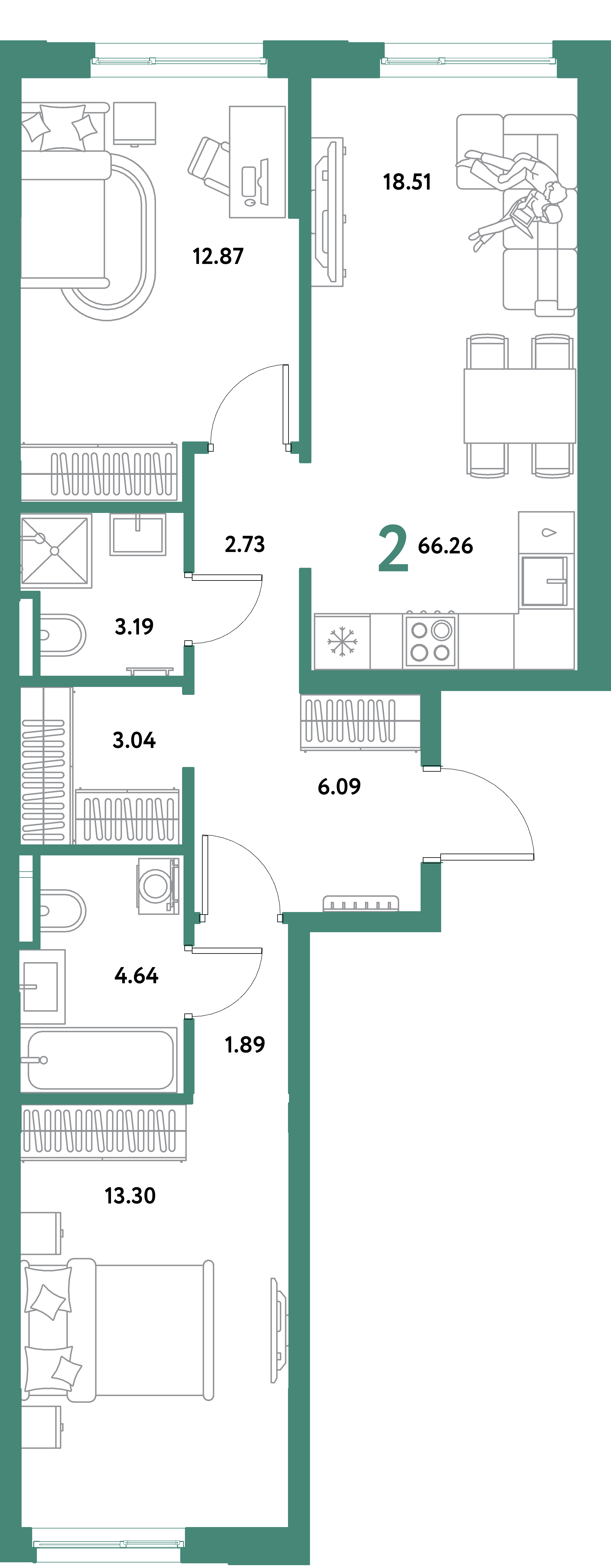 ЖК "Остров-сад"-2-комнатная 66.26 м²