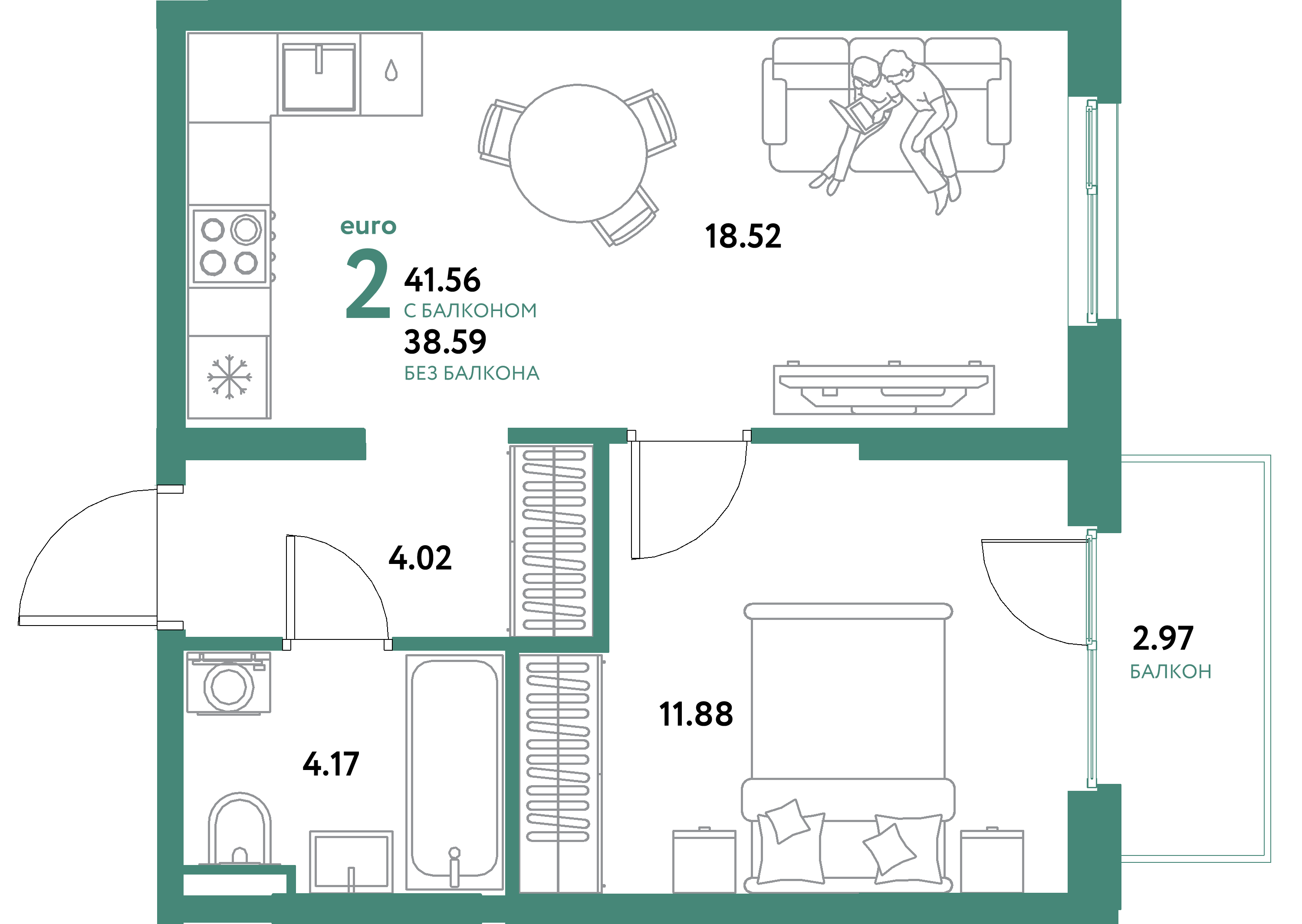 ЖК "Остров-сад"-2-комнатная 41.56 м²