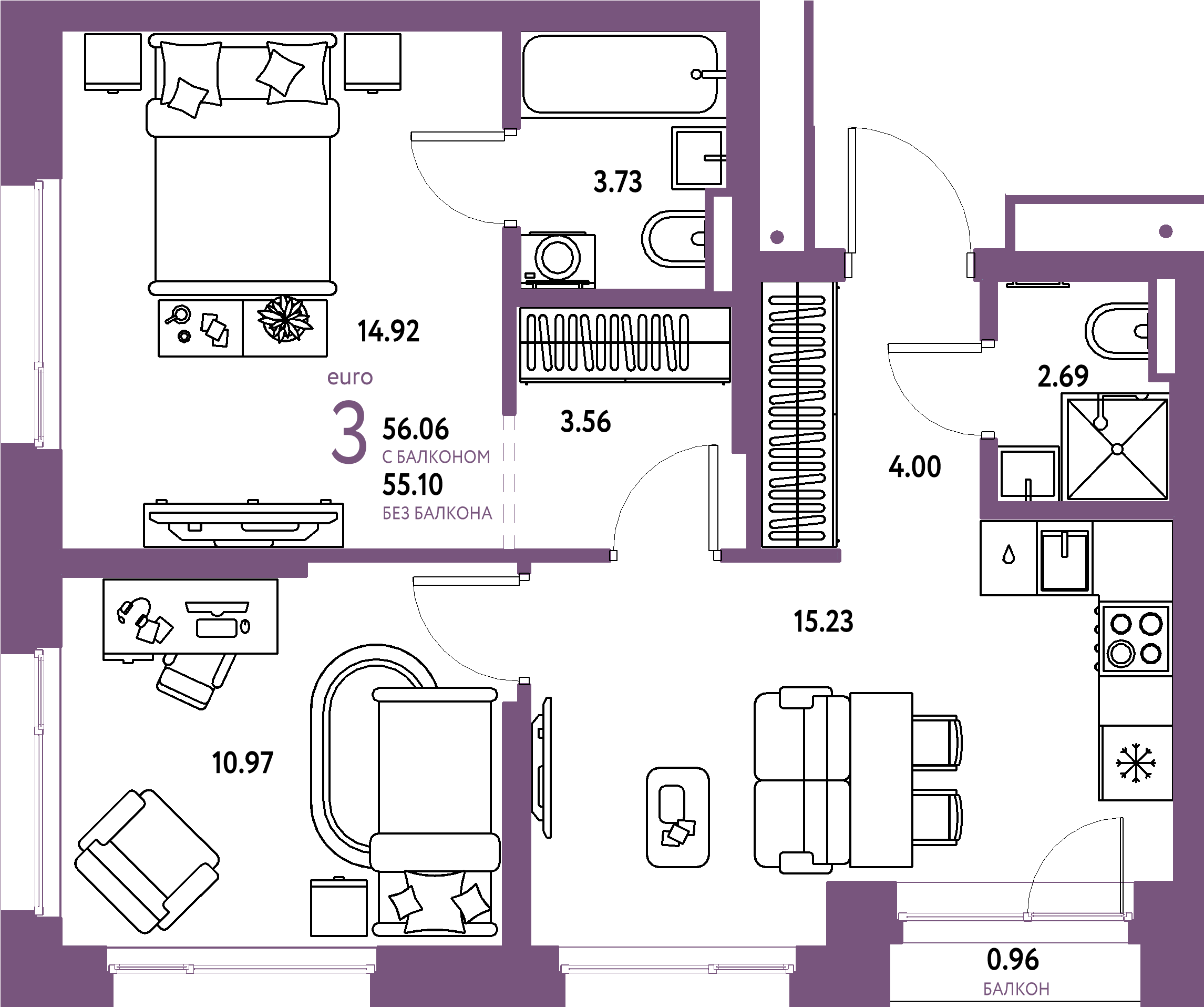 ЖК "Страна.Парковая"-3-комнатная 56.06 м²