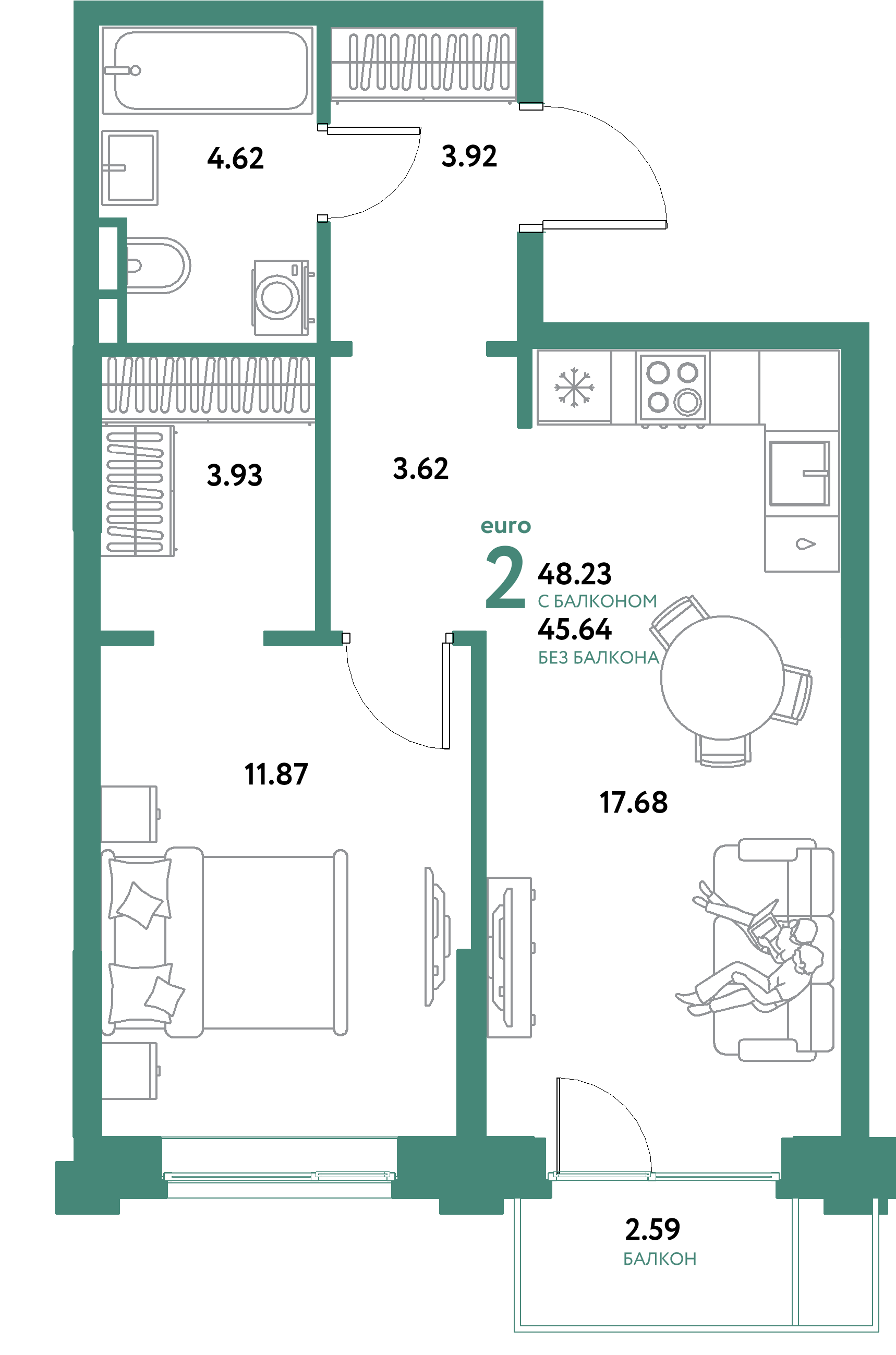 ЖК "Остров-сад"-2-комнатная 48.23 м²