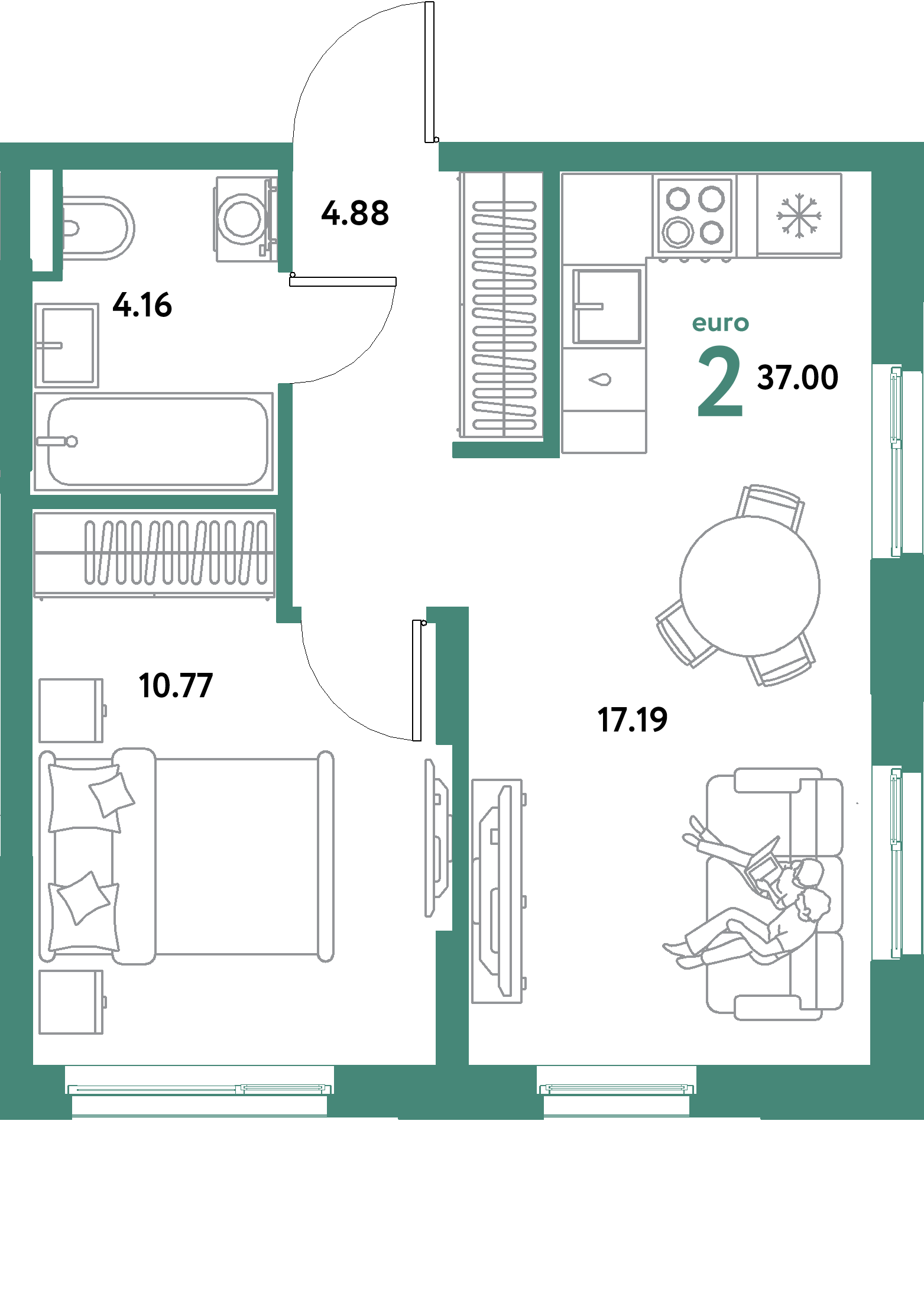 ЖК "Остров-сад"-2-комнатная 37 м²