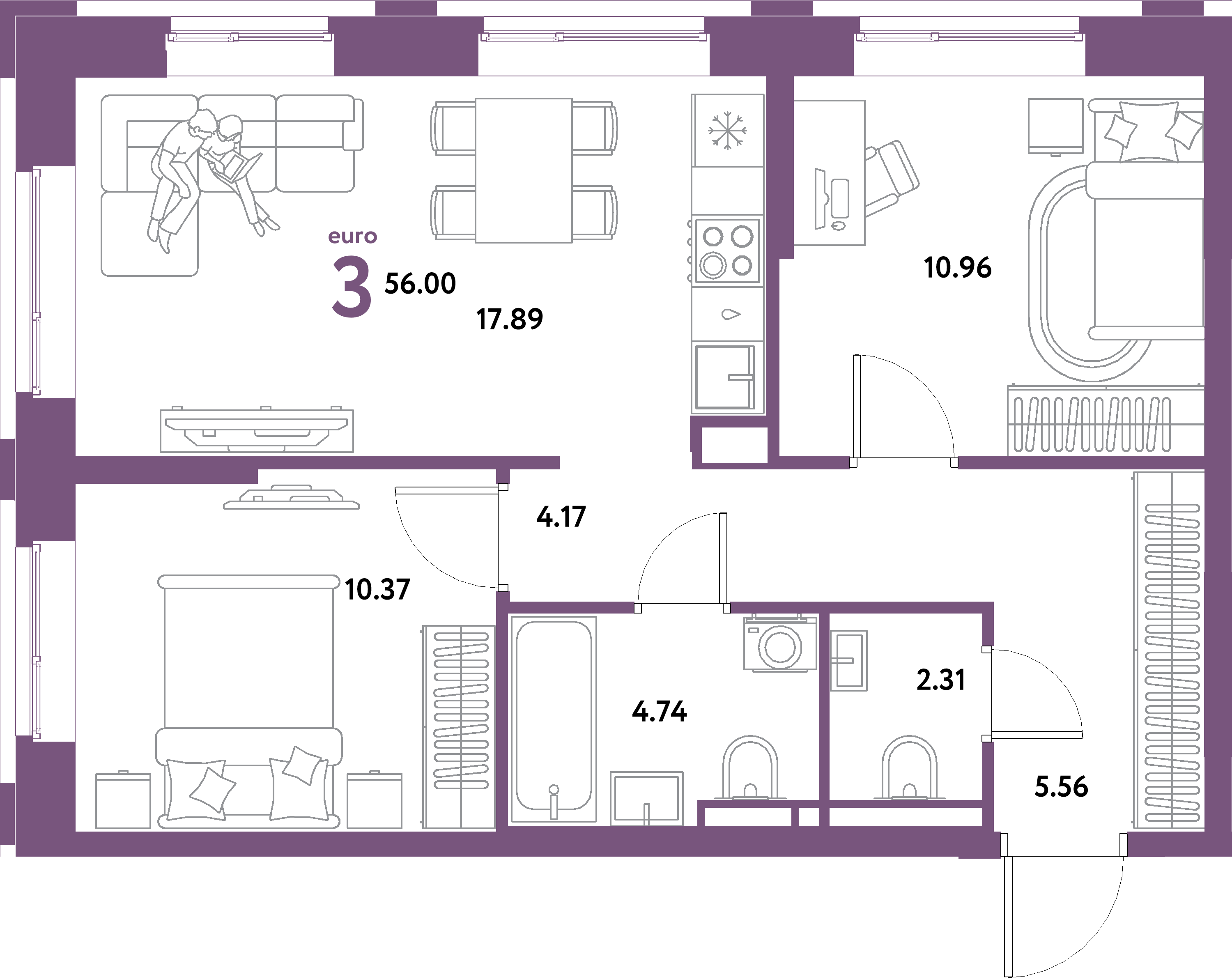ЖК "Остров-сад"-3-комнатная 56 м²
