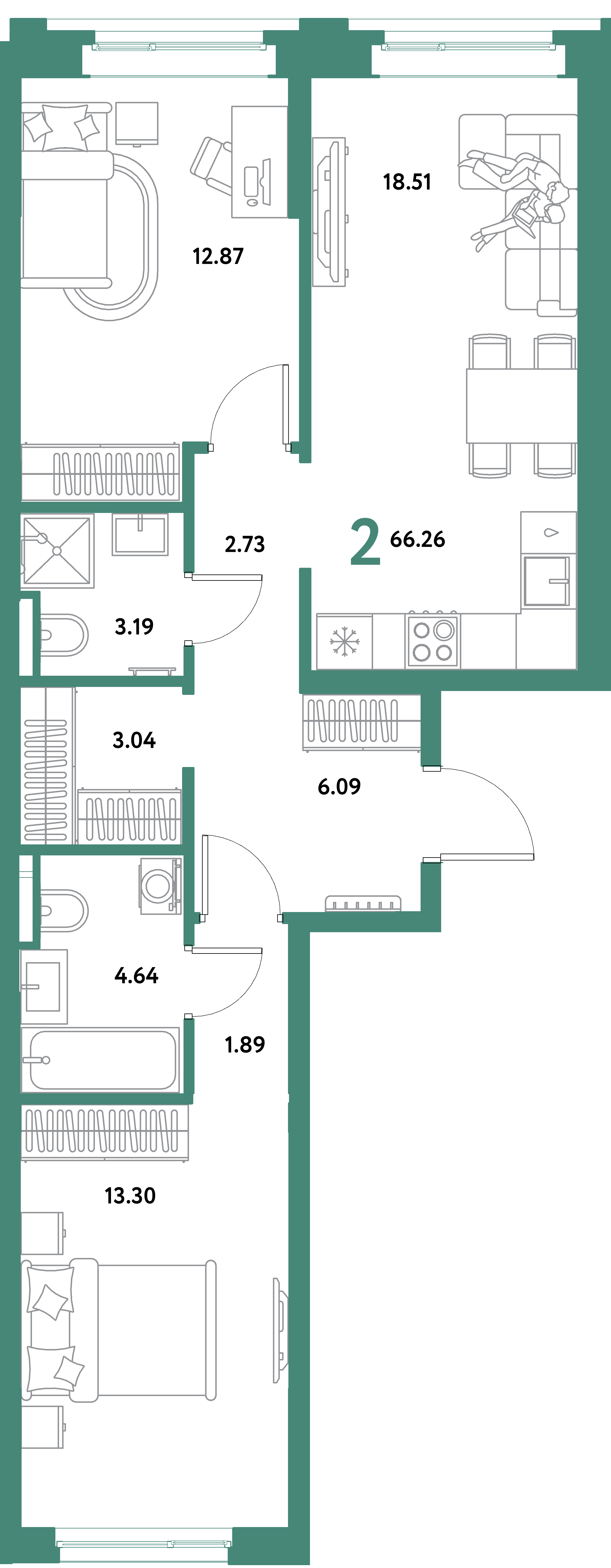 ЖК "Остров-сад"-2-комнатная 66.26 м²