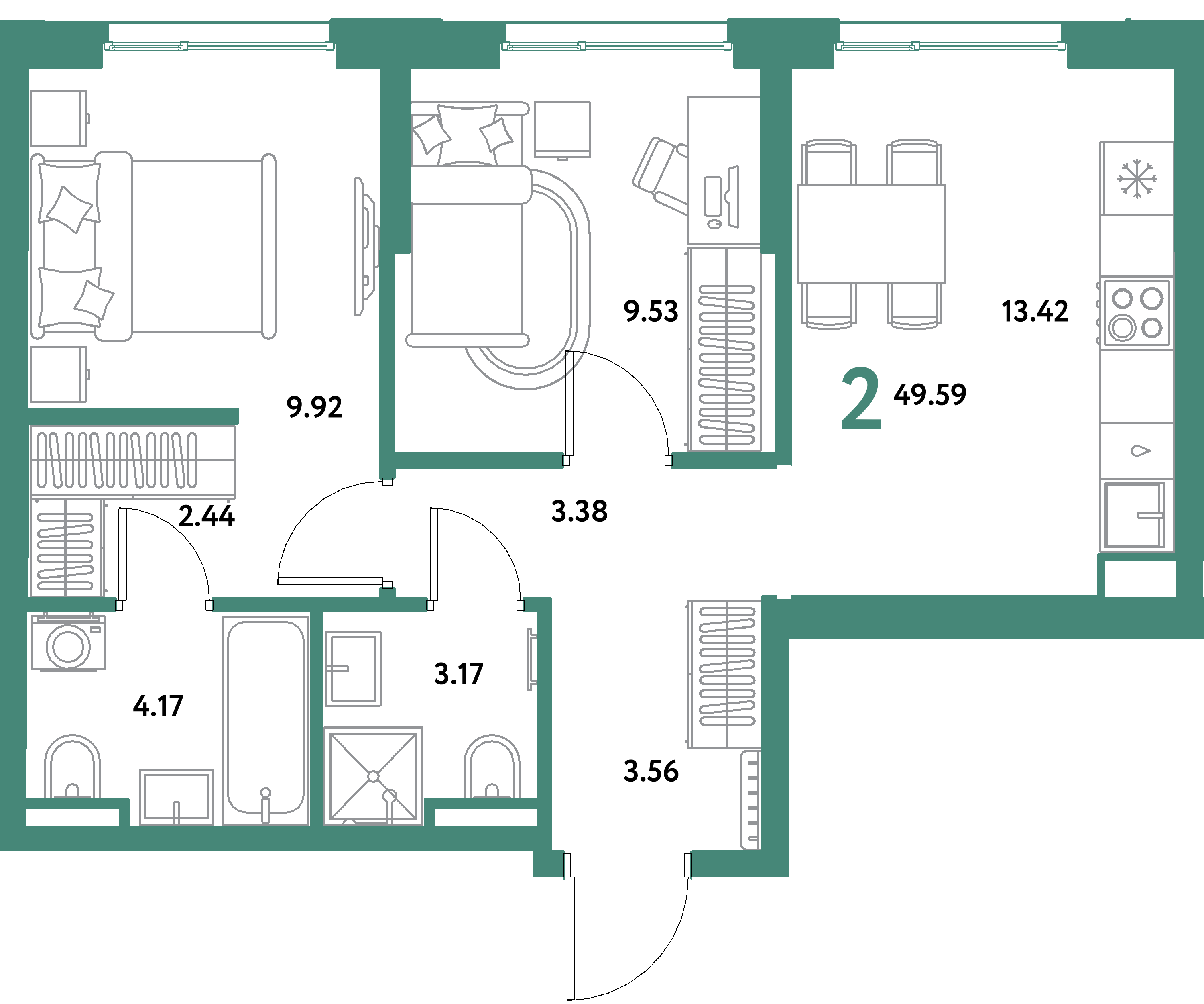 ЖК "Остров-сад"-2-комнатная 49.59 м²