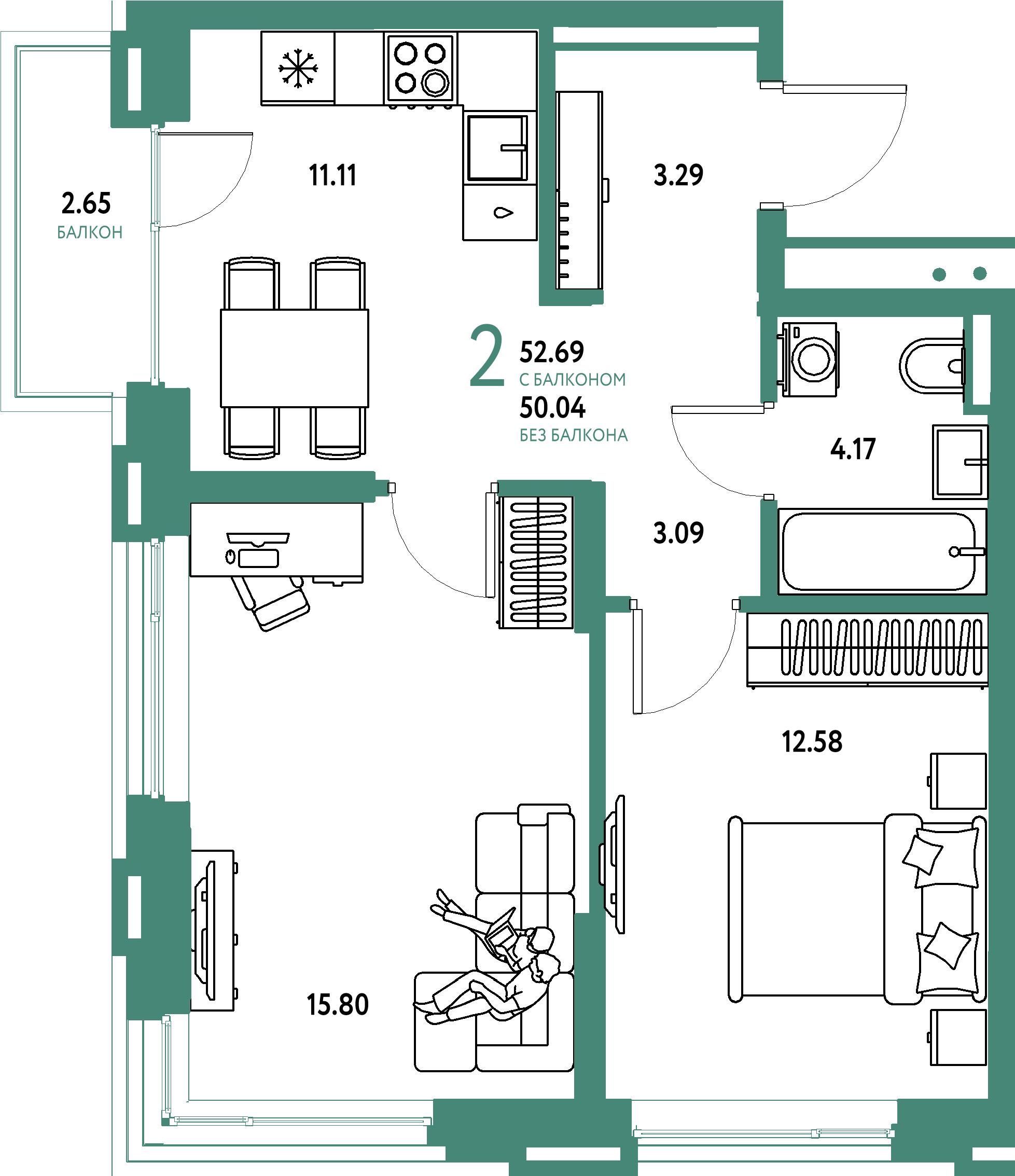 ЖК "Страна.Прибрежная"-2-комнатная 52.69 м²