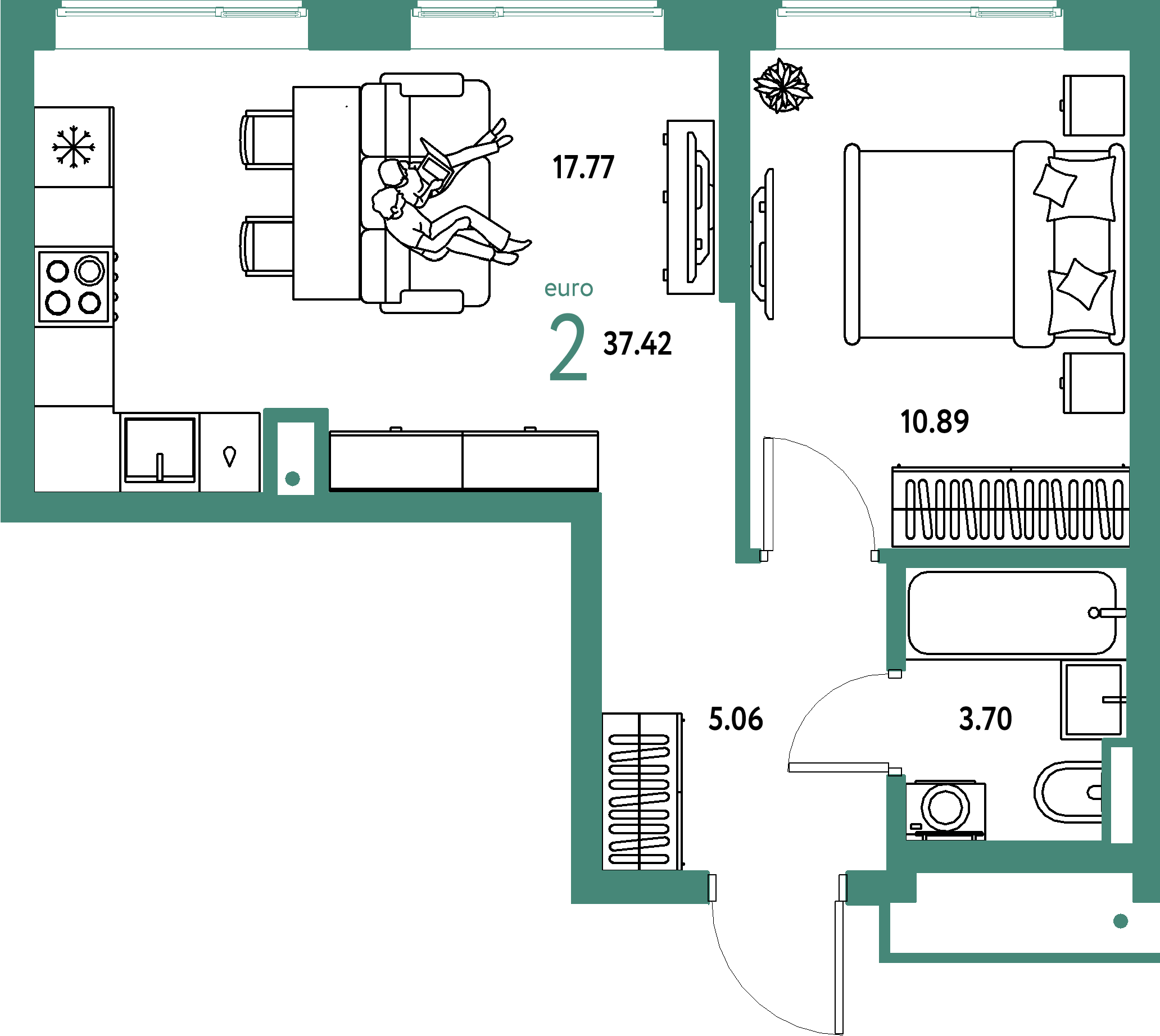 ЖК "Страна.Парковая"-2-комнатная 37.42 м²