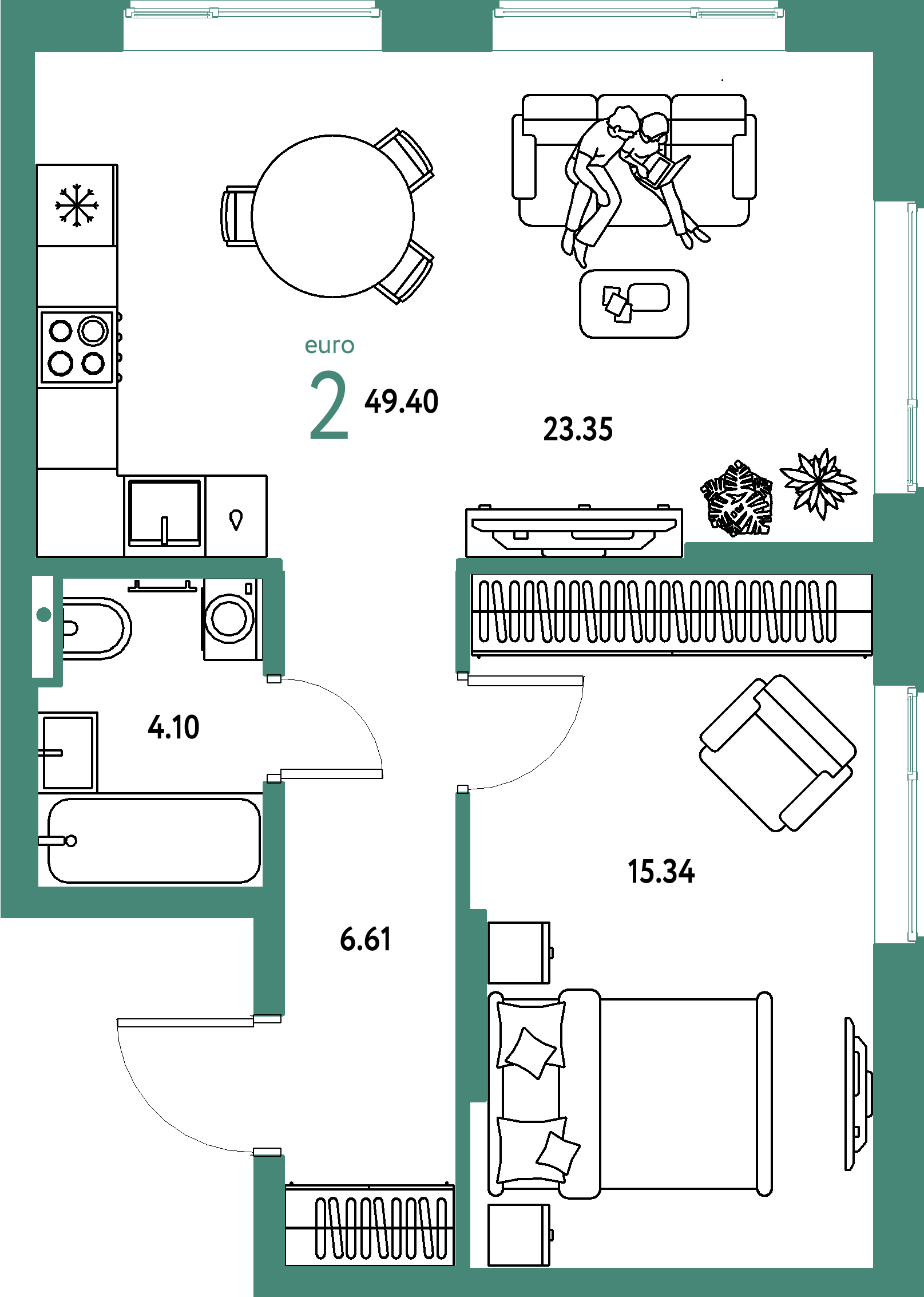 ЖК "Страна.Парковая"-2-комнатная 49.4 м²