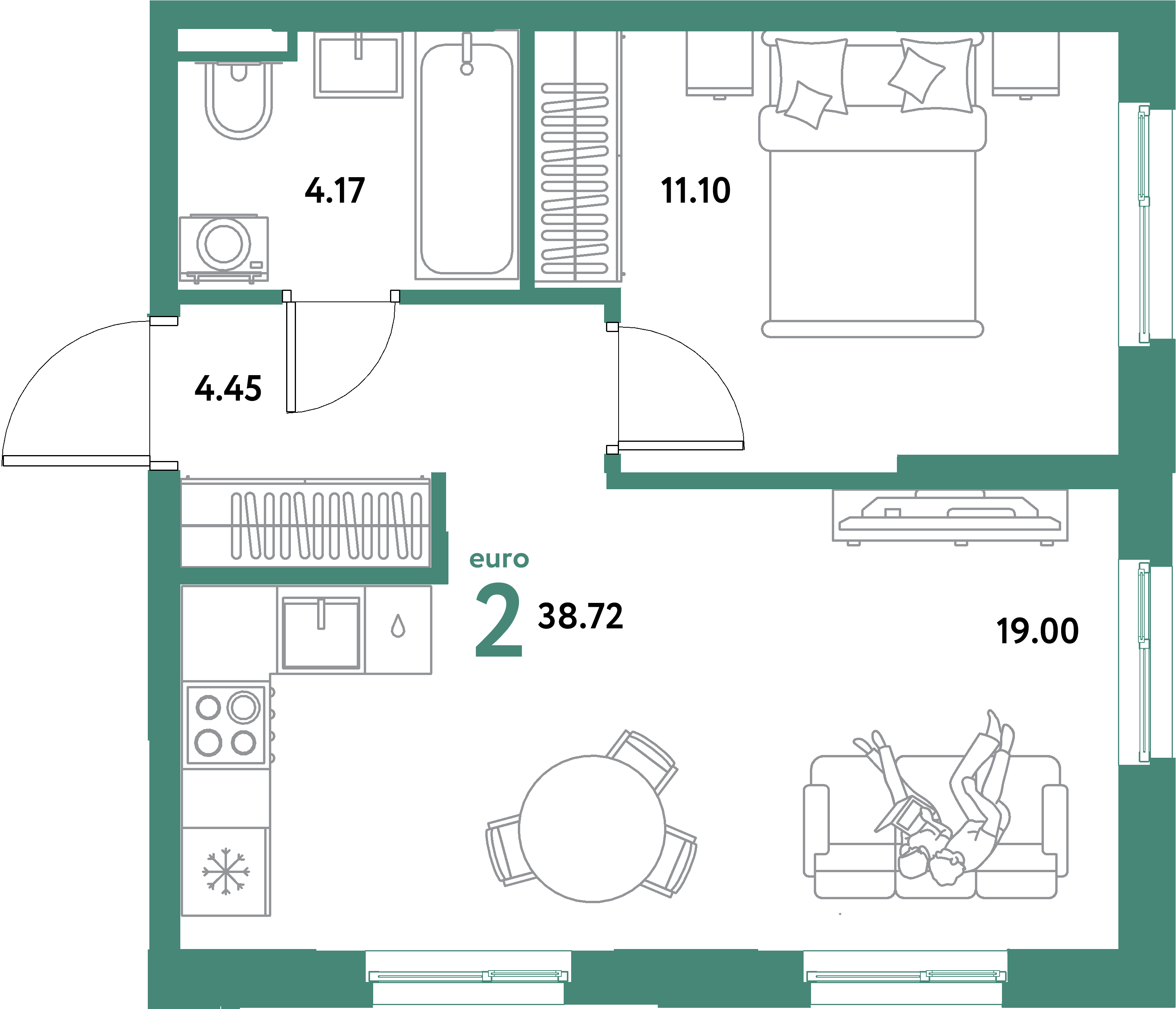 ЖК "Остров-сад"-2-комнатная 38.72 м²