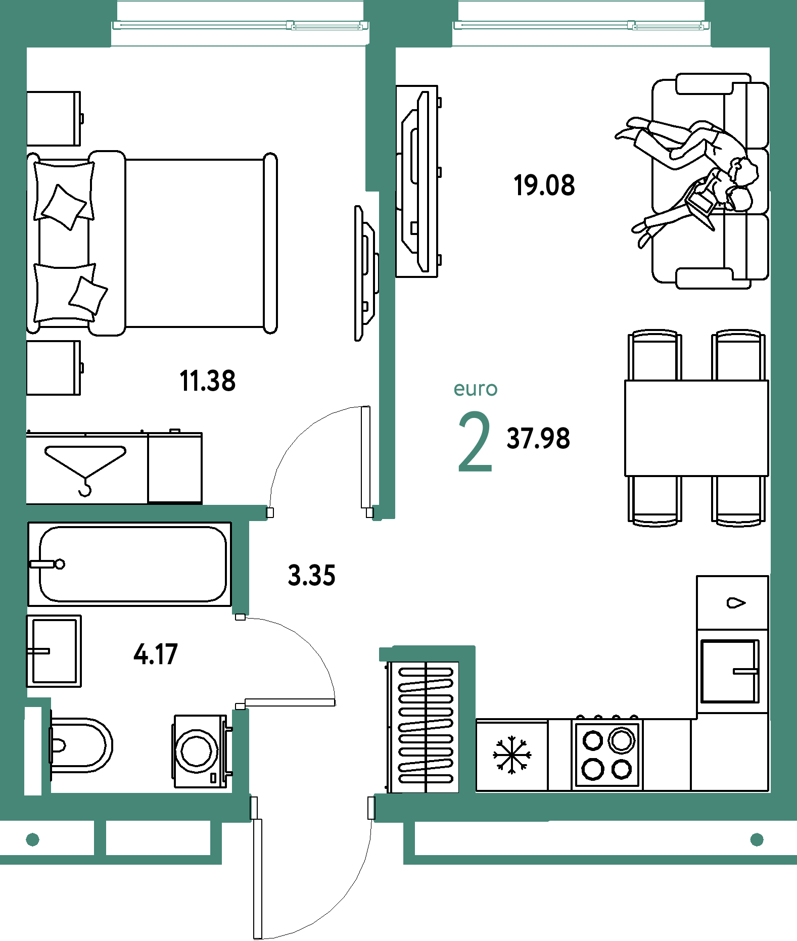 ЖК "Страна.Прибрежная"-2-комнатная 37.98 м²