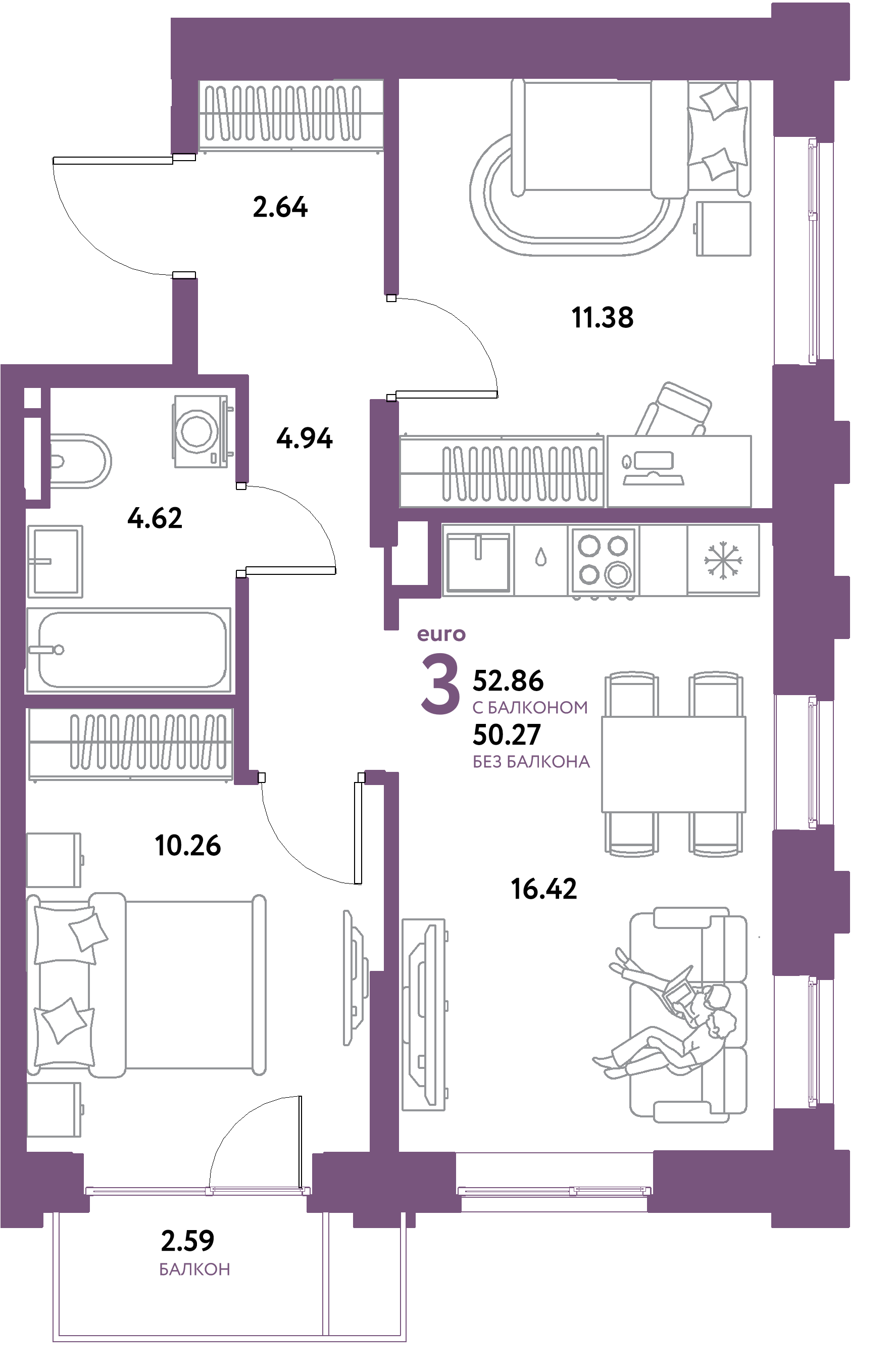 ЖК "Остров-сад"-3-комнатная 52.86 м²