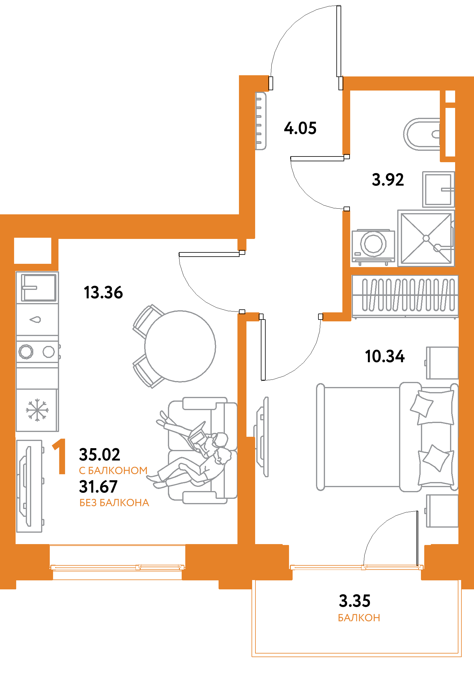 ЖК "Остров-сад"-1-комнатная 35.02 м²