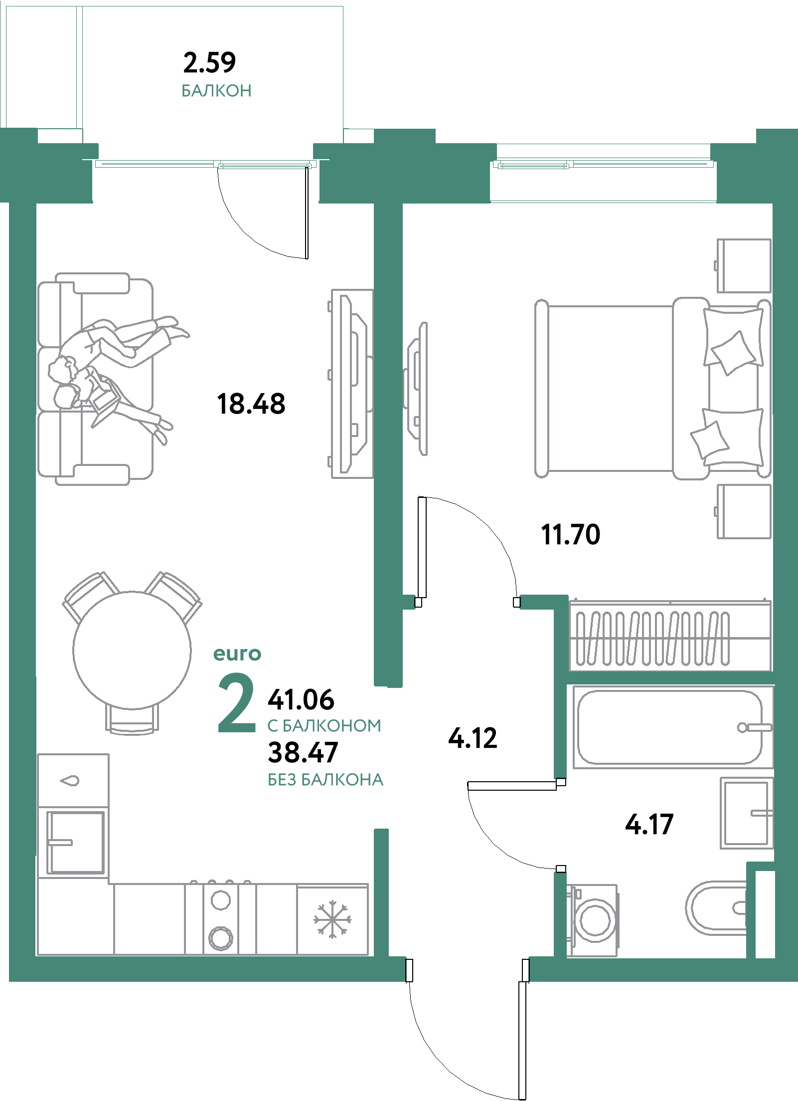 ЖК "Остров-сад"-2-комнатная 41.06 м²