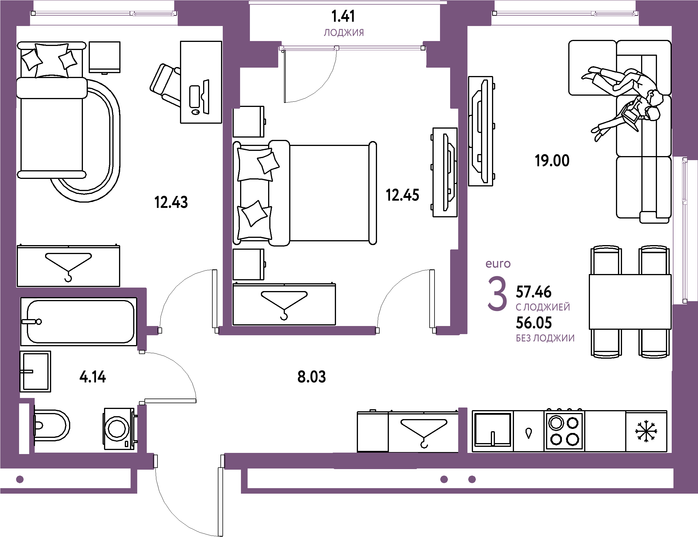 ЖК "Страна.Прибрежная"-3-комнатная 57.46 м²