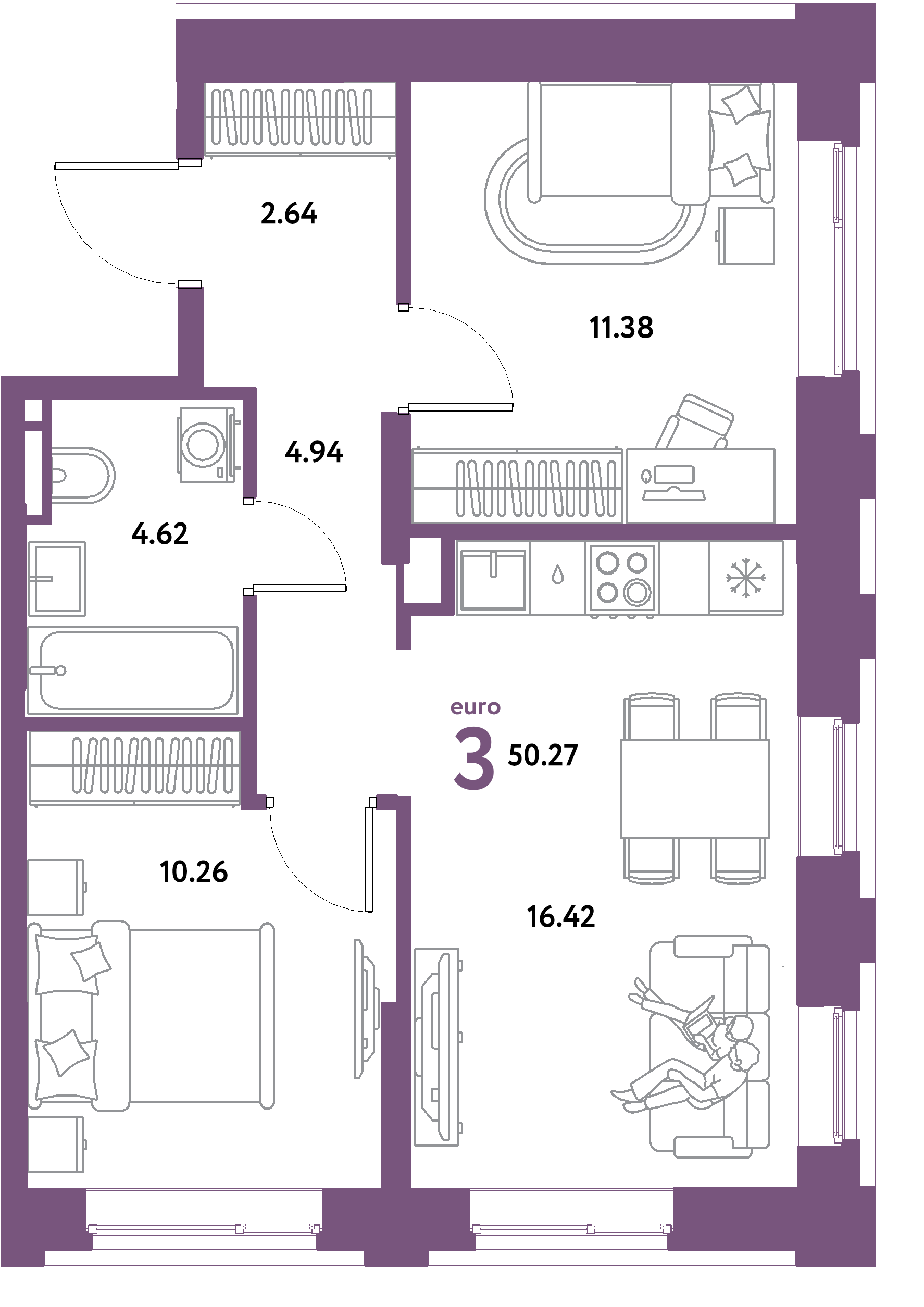 ЖК "Остров-сад"-3-комнатная 50.27 м²