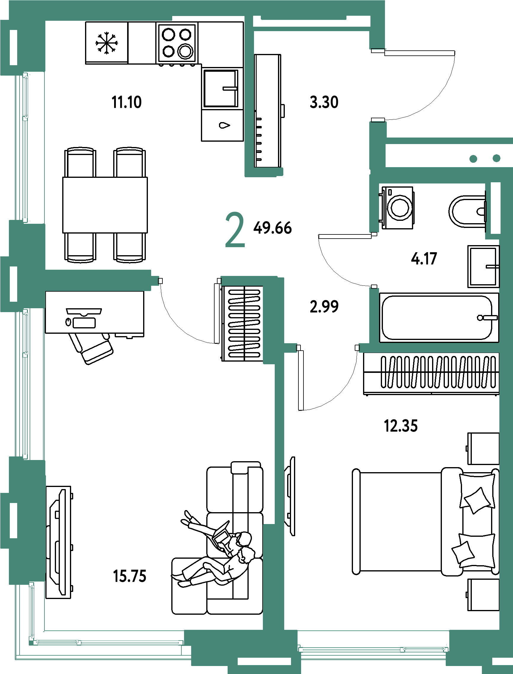 ЖК "Страна.Прибрежная"-2-комнатная 49.66 м²