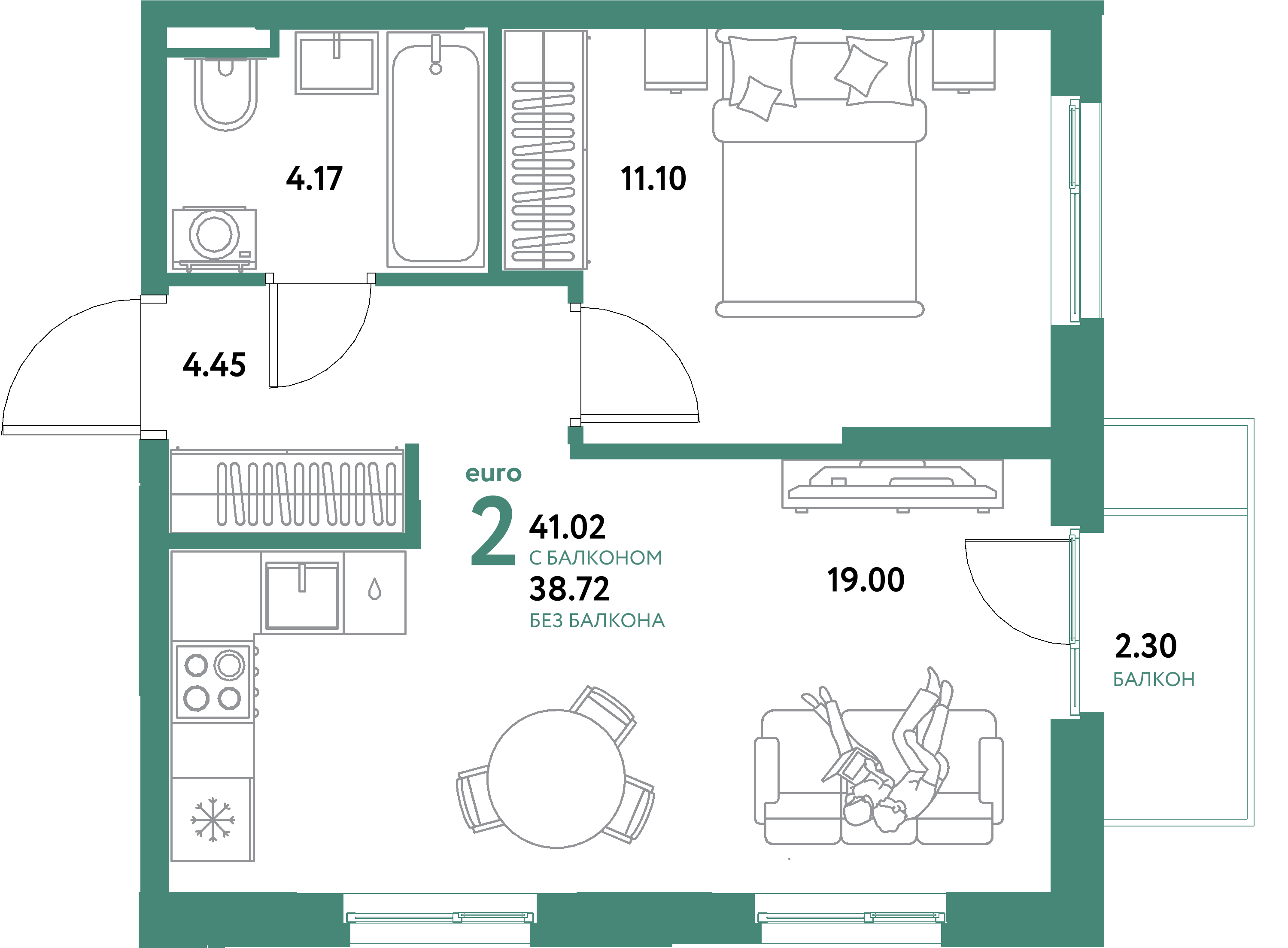 ЖК "Остров-сад"-2-комнатная 41.02 м²
